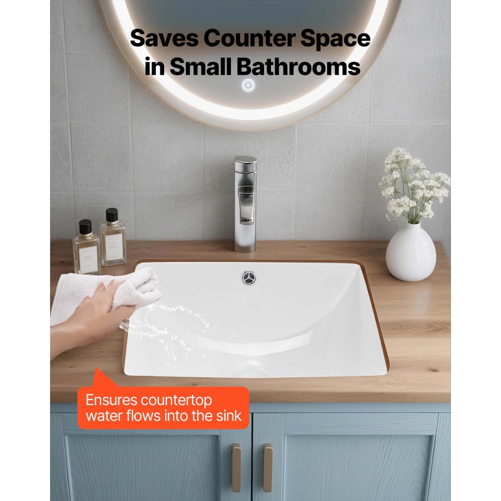 VEVOR Lavabo Bajo Encimera de Cerámica Rectangular, con Rebosadero, Fregadero de Cocina Moderno para Espacios Pequeños, Resistente a las Manchas y el Amarilleo, Color Blanco, 460 x 330 x 185 mm