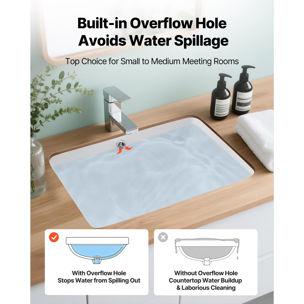 VEVOR Lavabo Bajo Encimera de Cerámica Rectangular, con Rebosadero, Fregadero de Cocina Moderno Bajo Encimera para Espacios Pequeños, Orificio de Desbordamiento, Color Blanco, 515 x 385 x 190 mm