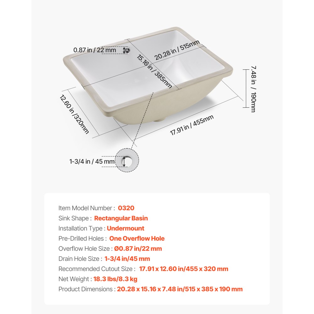 VEVOR Lavabo Bajo Encimera de Cerámica Rectangular, con Rebosadero, Fregadero de Cocina Moderno Bajo Encimera para Espacios Pequeños, Orificio de Desbordamiento, Color Blanco, 515 x 385 x 190 mm