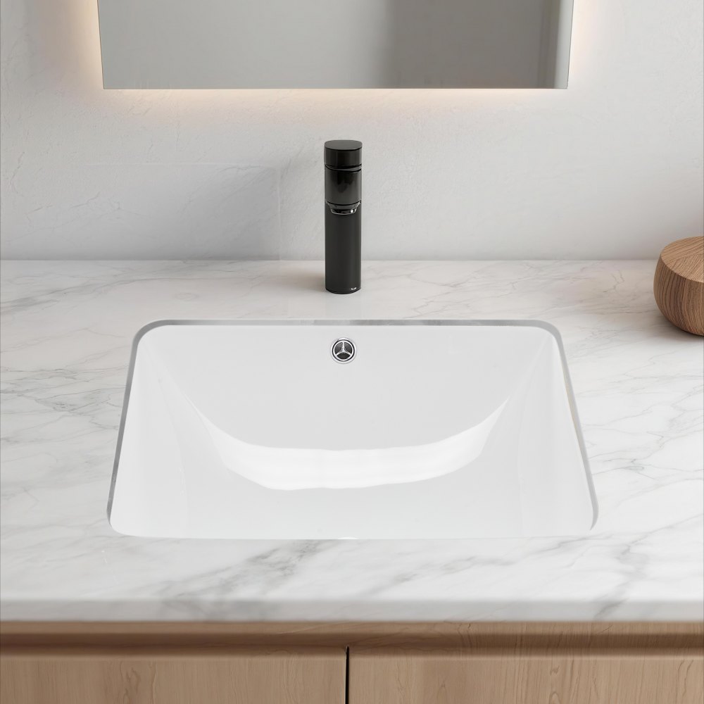 VEVOR Lavabo Bajo Encimera de Cerámica Rectangular, con Rebosadero, Fregadero de Cocina Moderno Bajo Encimera para Espacios Pequeños, Orificio de Desbordamiento, Color Blanco, 515 x 385 x 190 mm