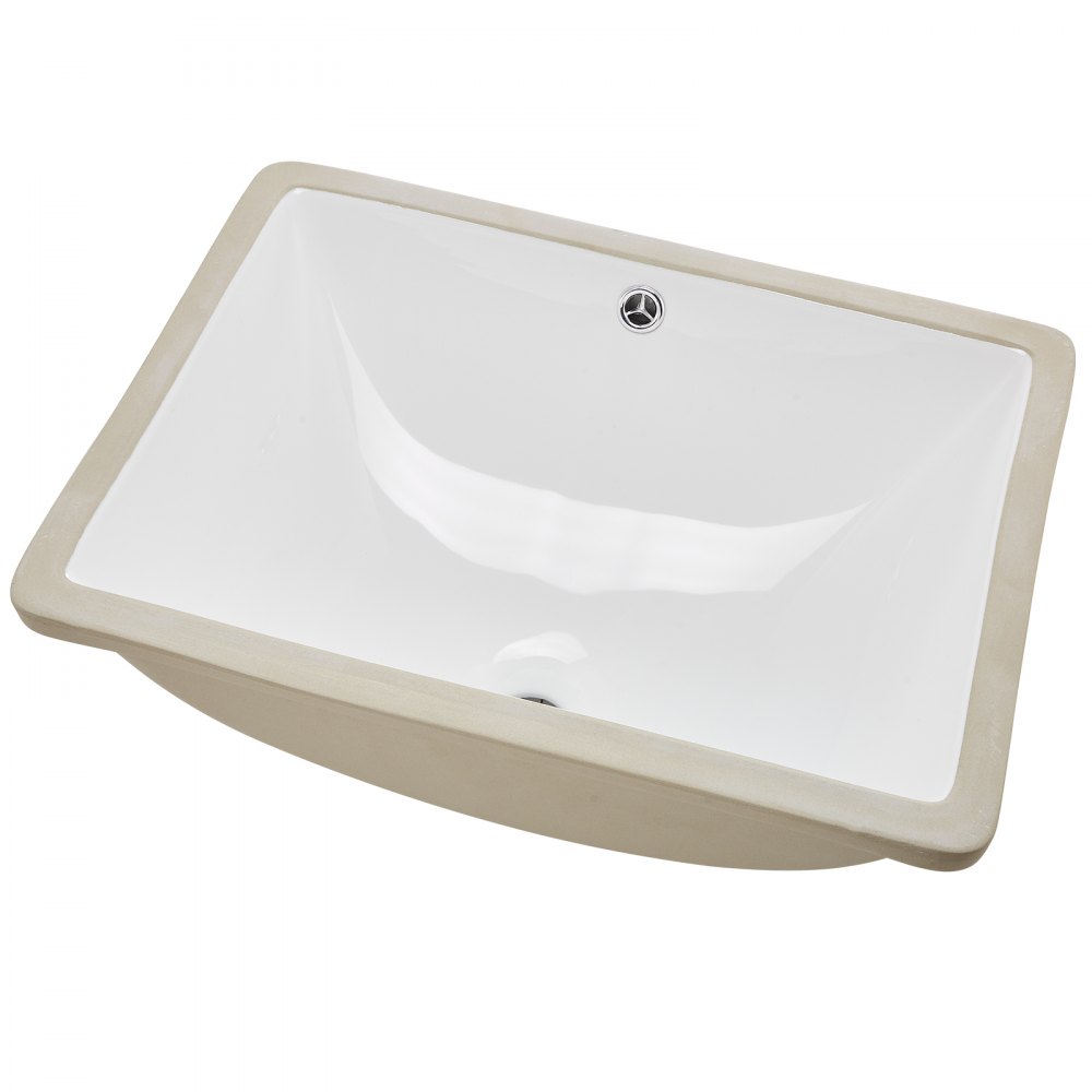 VEVOR Lavabo Bajo Encimera de Cerámica Rectangular, con Rebosadero, Fregadero de Cocina Moderno Bajo Encimera para Espacios Pequeños, Orificio de Desbordamiento, Color Blanco, 515 x 385 x 190 mm