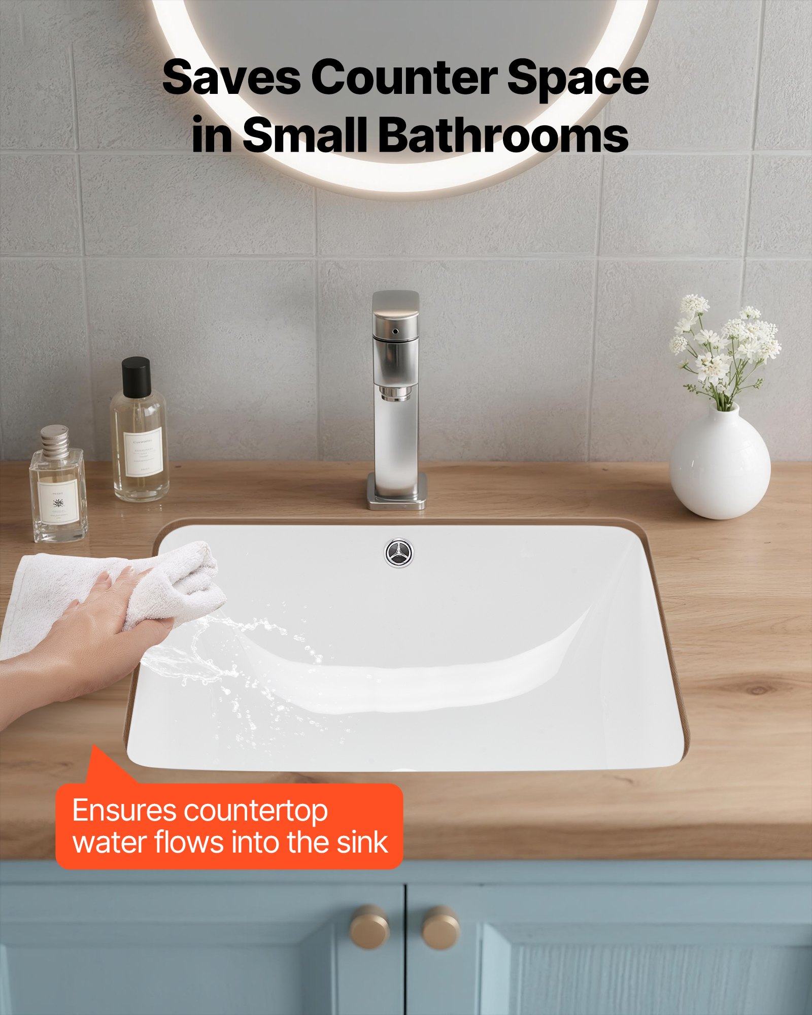 VEVOR Lavabo Bajo Encimera de Cerámica Rectangular, con Rebosadero, Fregadero de Cocina Moderno Bajo Encimera para Espacios Pequeños, Orificio de Desbordamiento, Color Blanco, 515 x 385 x 190 mm