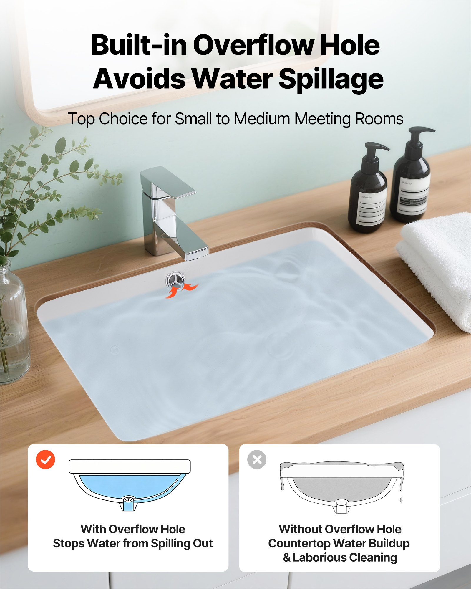 VEVOR Lavabo Bajo Encimera de Cerámica Rectangular, con Rebosadero, Fregadero de Cocina Moderno Bajo Encimera para Espacios Pequeños, Orificio de Desbordamiento, Color Blanco, 515 x 385 x 190 mm