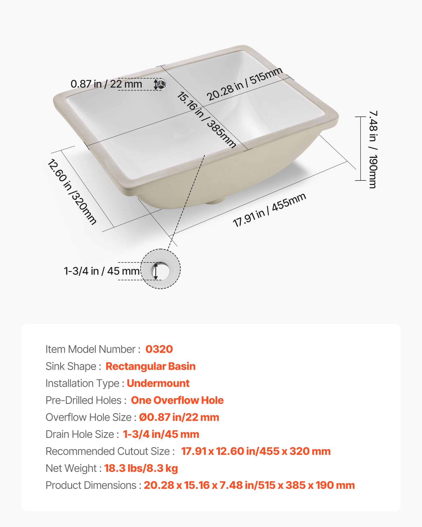 VEVOR Lavabo Bajo Encimera de Cerámica Rectangular, con Rebosadero, Fregadero de Cocina Moderno Bajo Encimera para Espacios Pequeños, Orificio de Desbordamiento, Color Blanco, 515 x 385 x 190 mm