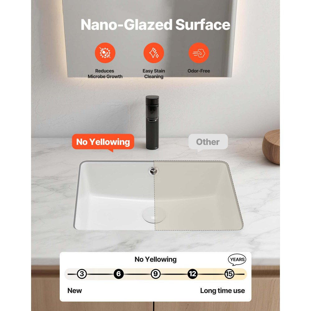VEVOR Lavabo Bajo Encimera de Cerámica Rectangular, para Cocina, con Rebosadero, Resiste el Amarilleo y Conserva su Aspecto Radiante y Limpio, para Espacios Pequeños, Blanco, 470 x 335 x 170 mm