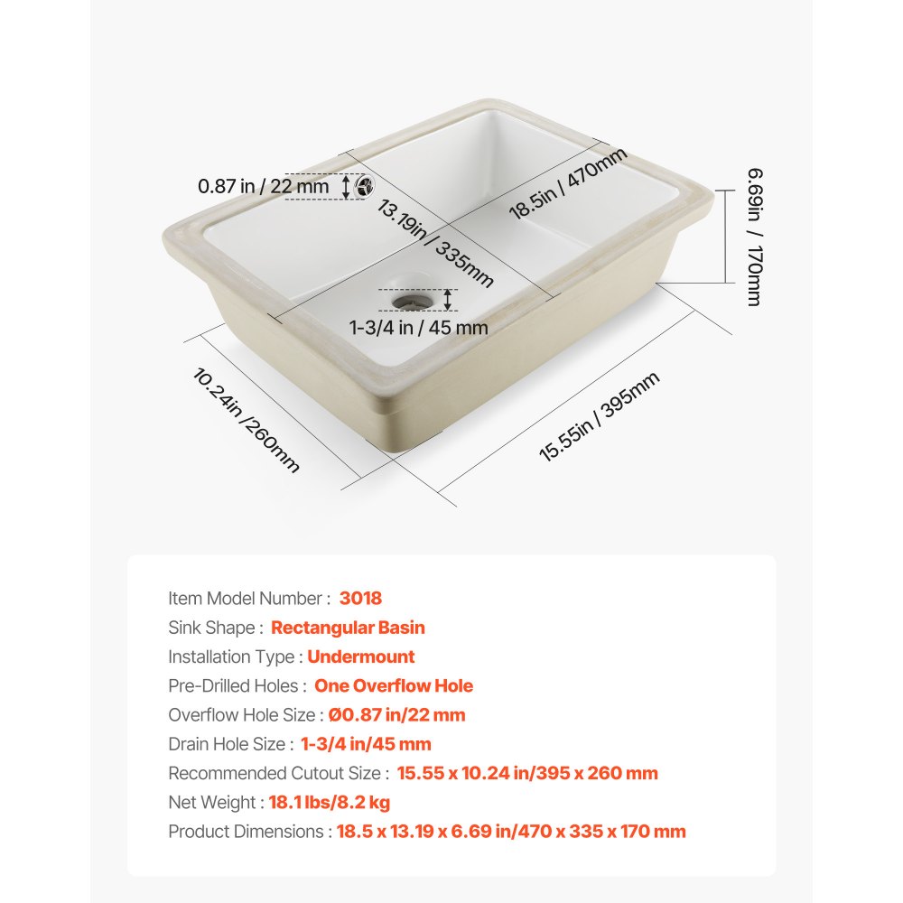 VEVOR Lavabo Bajo Encimera de Cerámica Rectangular, para Cocina, con Rebosadero, Resiste el Amarilleo y Conserva su Aspecto Radiante y Limpio, para Espacios Pequeños, Blanco, 470 x 335 x 170 mm