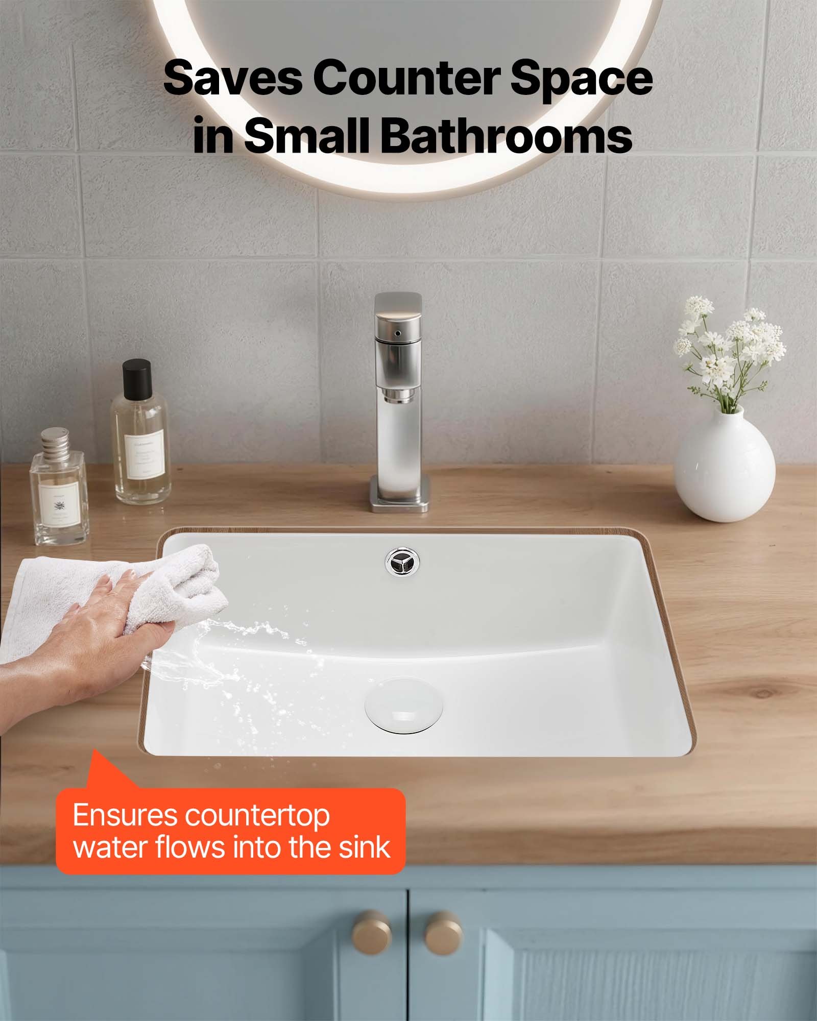 VEVOR Lavabo Bajo Encimera de Cerámica Rectangular, para Cocina, con Rebosadero, Resiste el Amarilleo y Conserva su Aspecto Radiante y Limpio, para Espacios Pequeños, Blanco, 470 x 335 x 170 mm