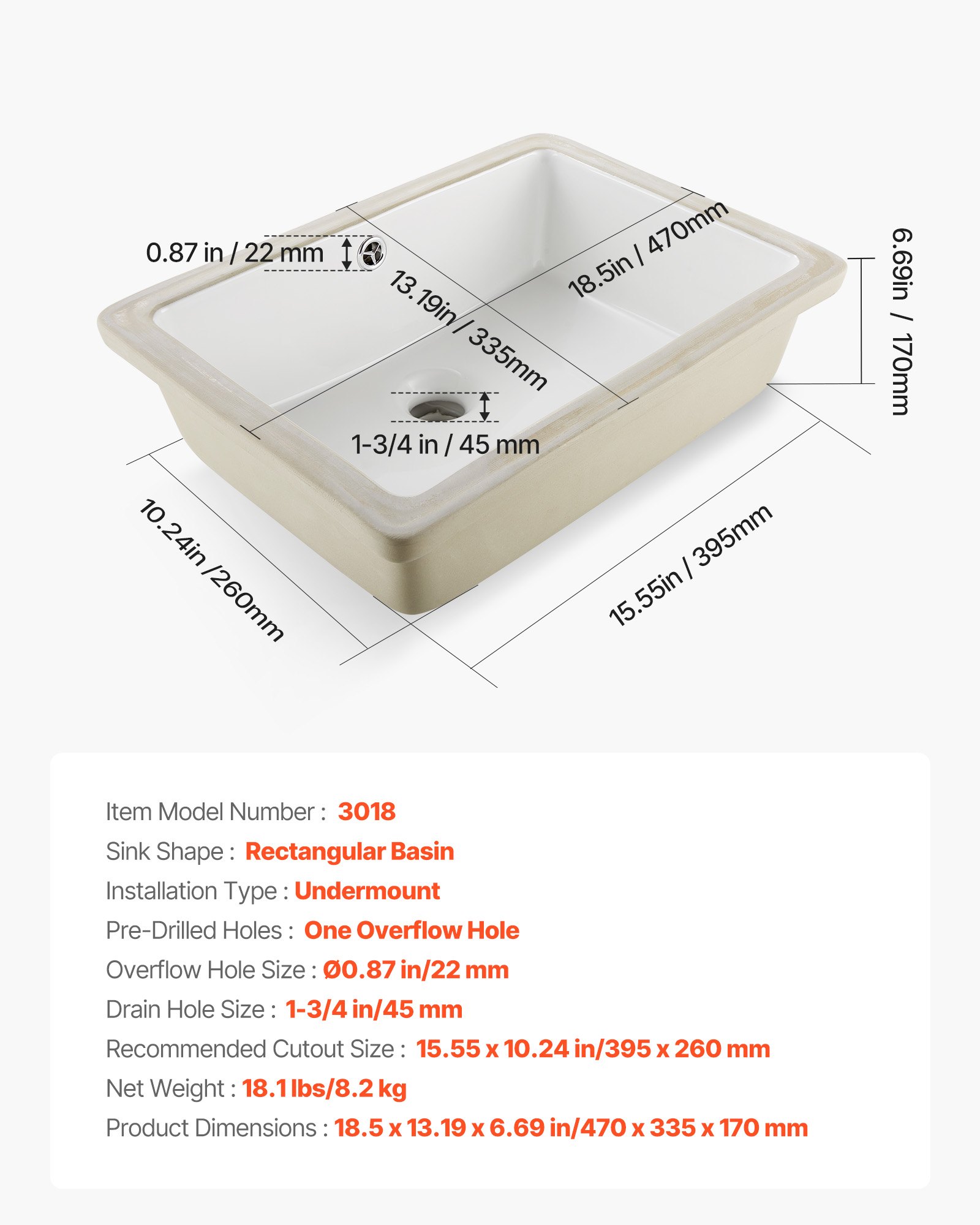 VEVOR Lavabo Bajo Encimera de Cerámica Rectangular, para Cocina, con Rebosadero, Resiste el Amarilleo y Conserva su Aspecto Radiante y Limpio, para Espacios Pequeños, Blanco, 470 x 335 x 170 mm