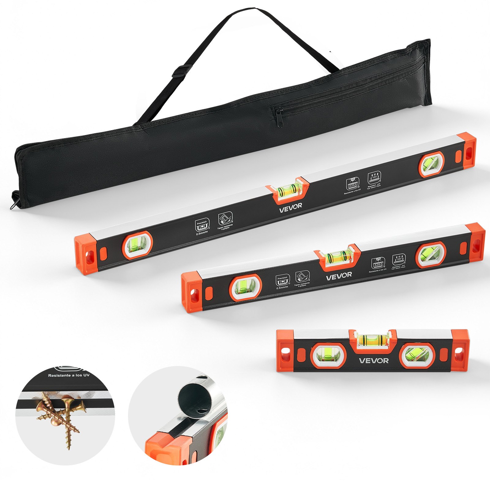 VEVOR Nivel de Burbuja Magnético de Aluminio, Juego de 3 Piezas 22,5/40/60 cm, Herramienta de Nivelación con 3 Burbujas, Ranura en V, Orificio para Colgar, Bolsa para Construcción Bricolaje y Hogar