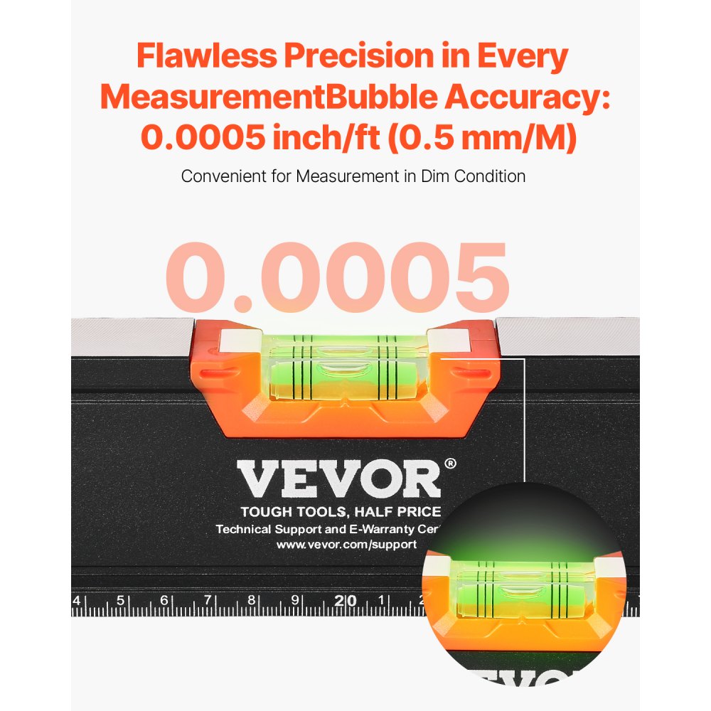 VEVOR Nivel Torpedo de 4 Piezas Niveles Magnéticos 250/400/600/1200 mm Regla de Viales de Burbujas con Luz Fluorescente a 45/90/180 grados Niveladora de Aleación de Aluminio, Escala SAE y Métrica