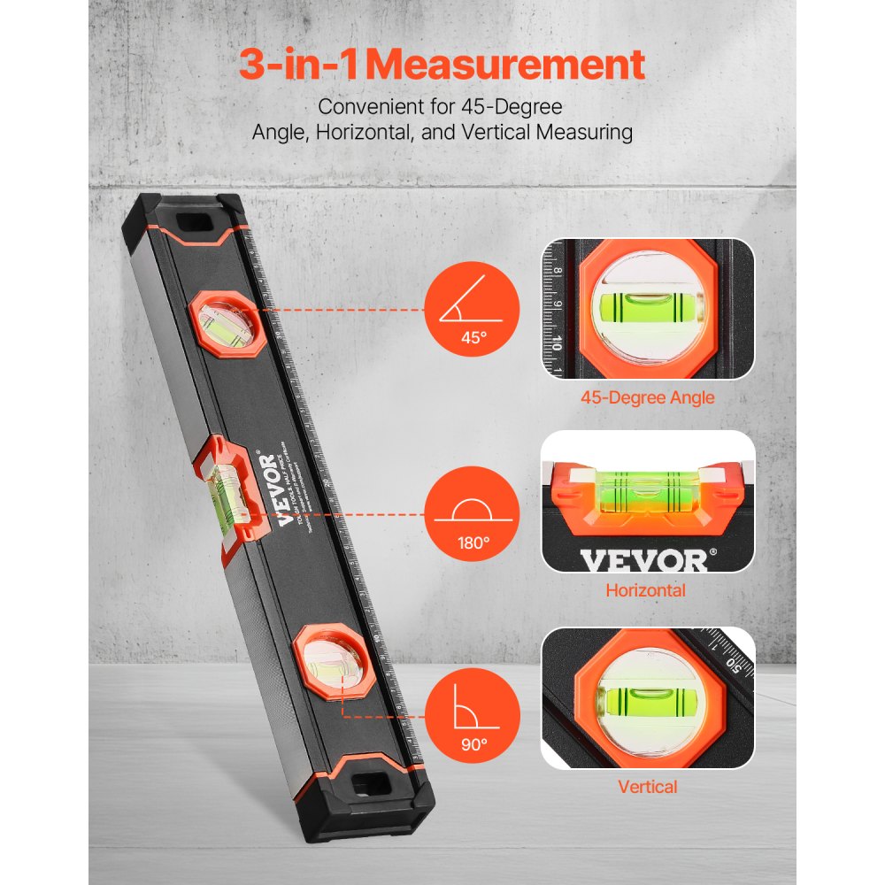 VEVOR Nivel Torpedo de 4 Piezas Niveles Magnéticos 250/400/600/1200 mm Regla de Viales de Burbujas con Luz Fluorescente a 45/90/180 grados Niveladora de Aleación de Aluminio, Escala SAE y Métrica