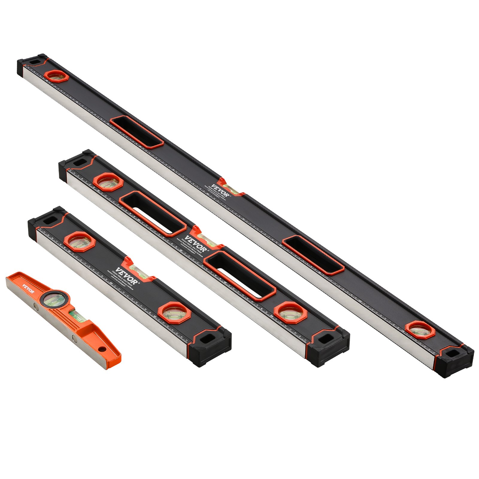 VEVOR Nivel Torpedo de 4 Piezas Niveles Magnéticos 250/400/600/1200 mm Regla de Viales de Burbujas con Luz Fluorescente a 45/90/180 grados Niveladora de Aleación de Aluminio, Escala SAE y Métrica