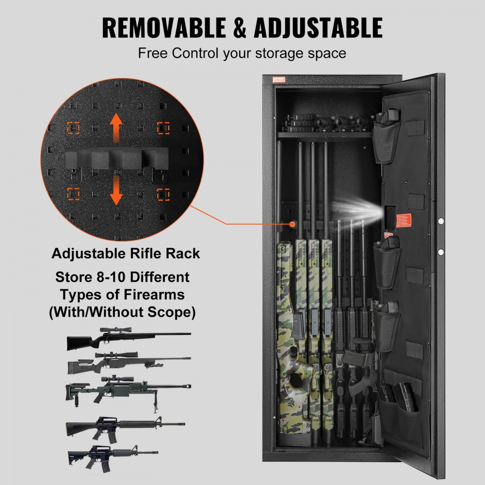 VEVOR Caja Fuerte para 8-10 Rifles con Cerradura y Teclado Digital Gabinete de Almacenamiento para Armas de Acceso Rápido con Estante Extraíble para Rifles y Escopetas para Hogar (Requiere Ensamblaje)