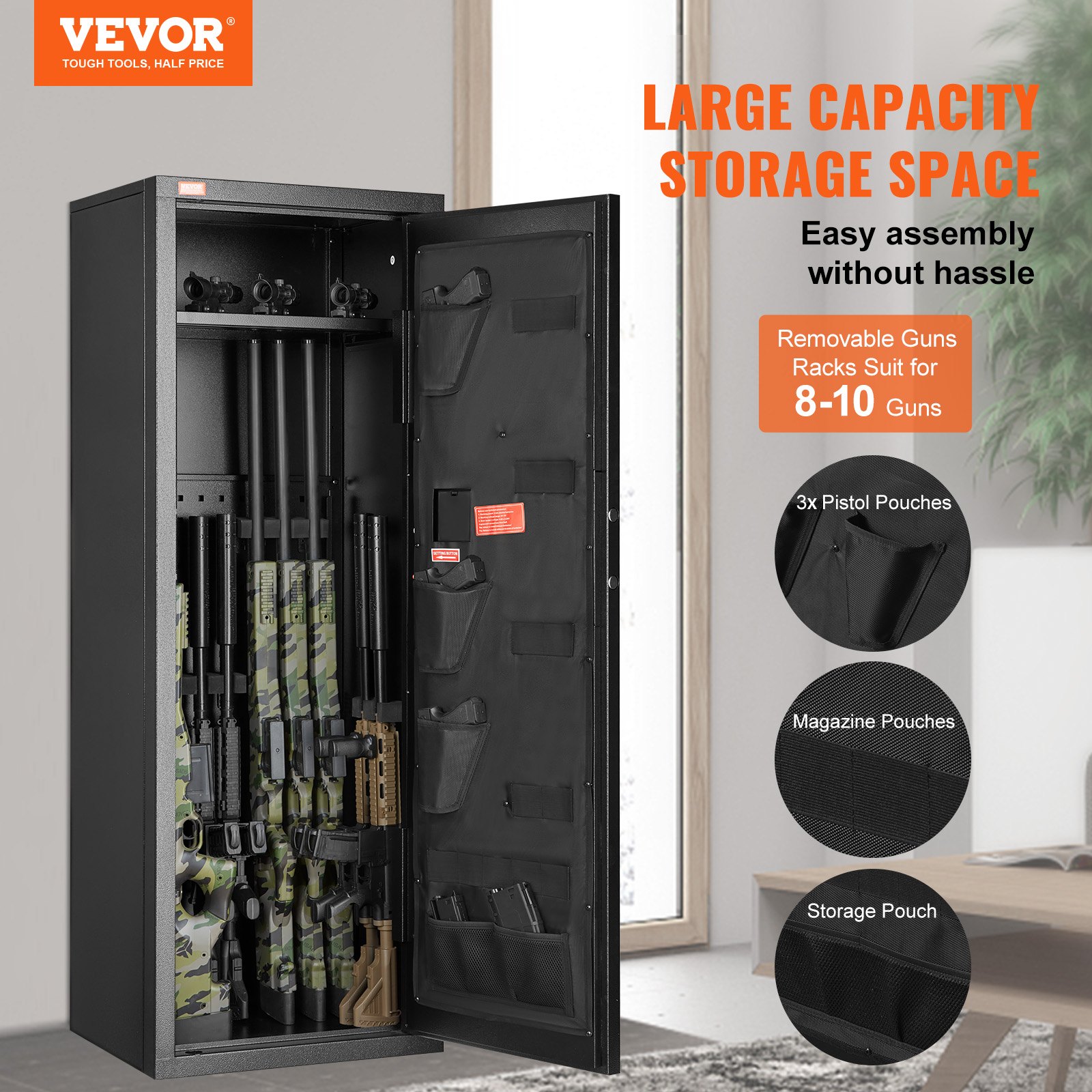 VEVOR Caja Fuerte para 8-10 Rifles con Cerradura y Teclado Digital Gabinete de Almacenamiento para Armas de Acceso Rápido con Estante Extraíble para Rifles y Escopetas para Hogar (Requiere Ensamblaje)