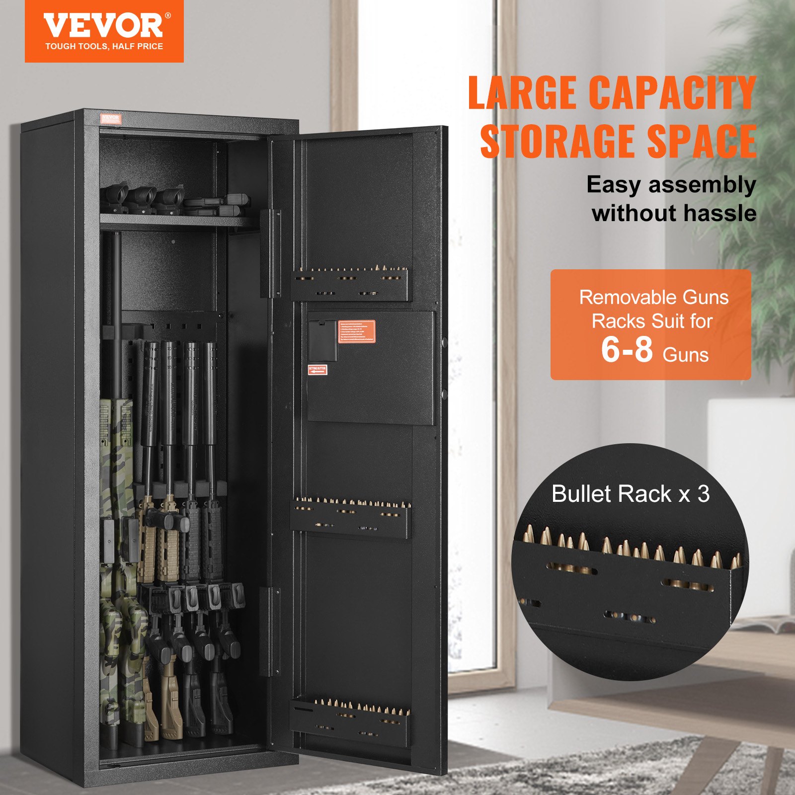 VEVOR Gun Cabinet for 6-8 Rifles, Gun Safe with Lock & Digital Keypad, Gun Storage Cabinet with Removable Shelf, Rifle Cabinet for Home Rifles and Shotguns, Black