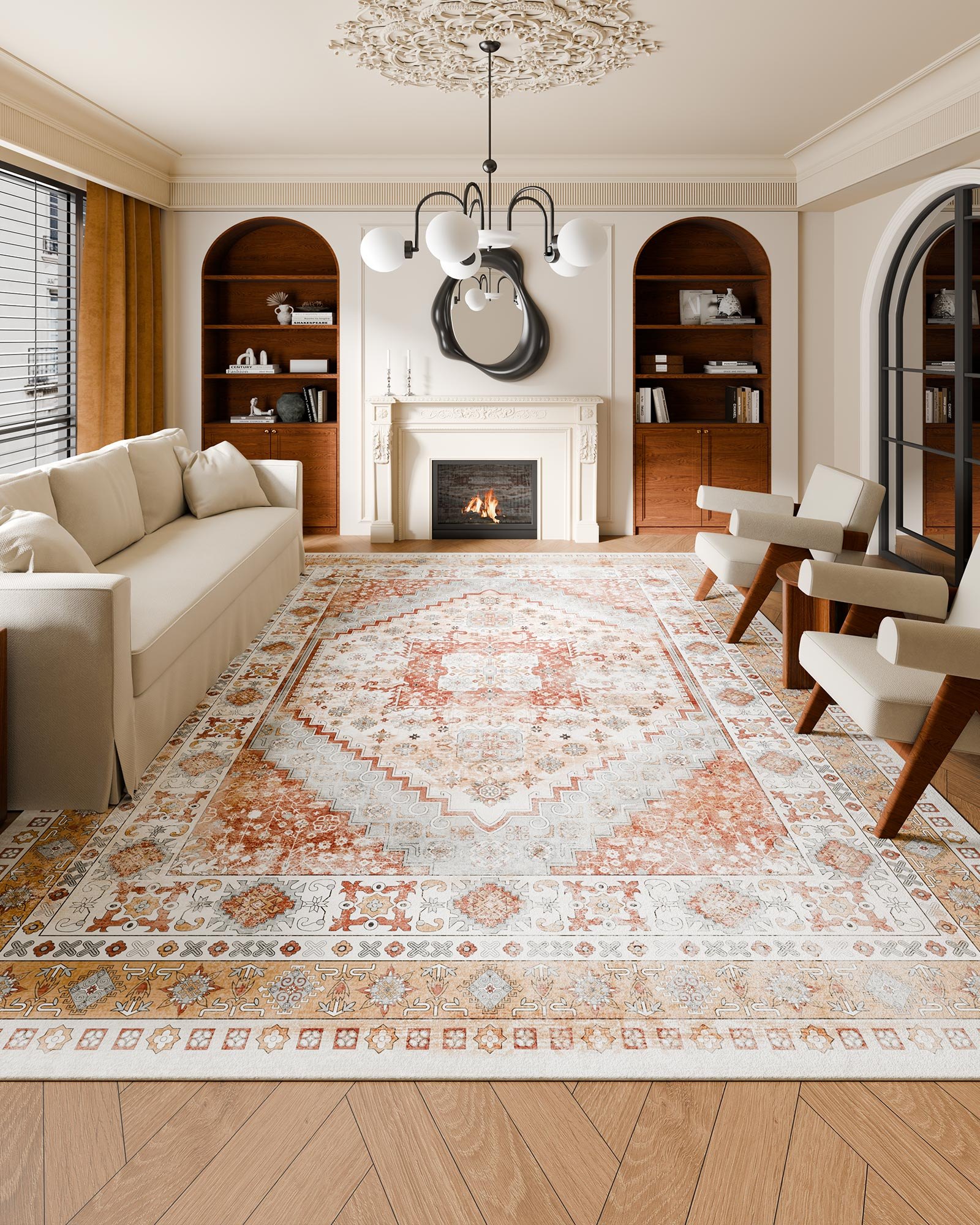 VEVOR Area Rug, 2743 x 3658 mm Short Pile, Washable Rug, Non-Slip Living Room Rug, Vintage Style, Indoor Mat for Bedroom, Living Room, Children's Room, Office, Brown-Red