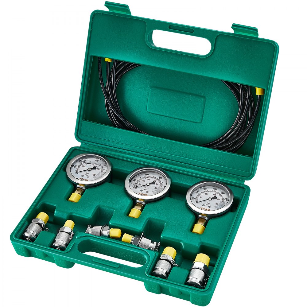 VEVOR Kit de prueba de presión hidráulica, 250/400/600 bar, 3 manómetros, 6 accesorios, 3 mangueras de prueba, medidor de prueba hidráulica para excavadora con estuche de transporte