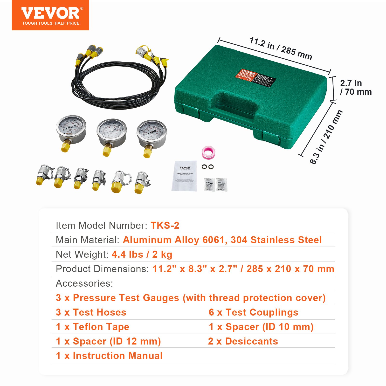 VEVOR Kit de prueba de presión hidráulica, 250/400/600 bar, 3 manómetros, 6 accesorios, 3 mangueras de prueba, medidor de prueba hidráulica para excavadora con estuche de transporte