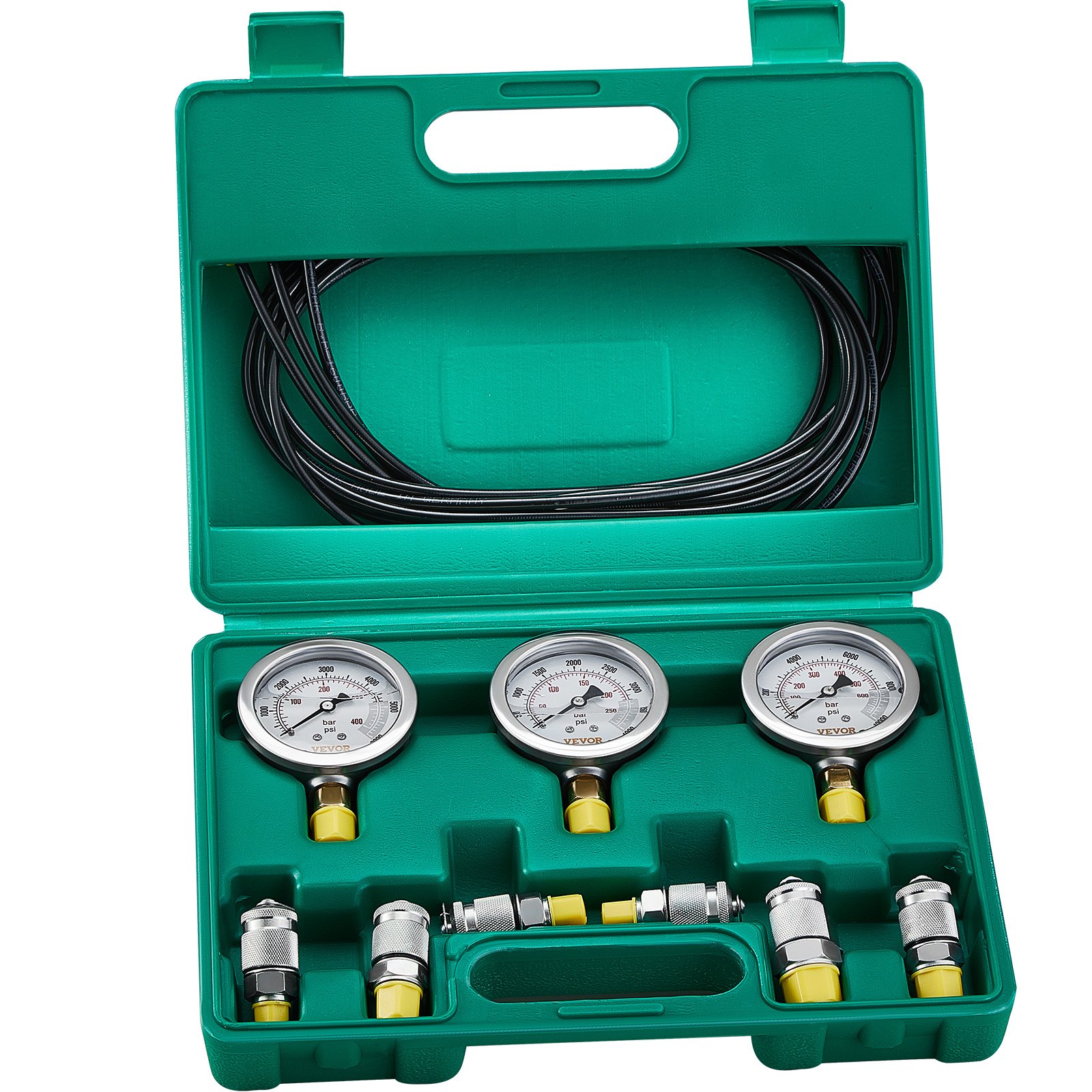 VEVOR Kit de prueba de presión hidráulica, 250/400/600 bar, 3 manómetros, 6 accesorios, 3 mangueras de prueba, medidor de prueba hidráulica para excavadora con estuche de transporte