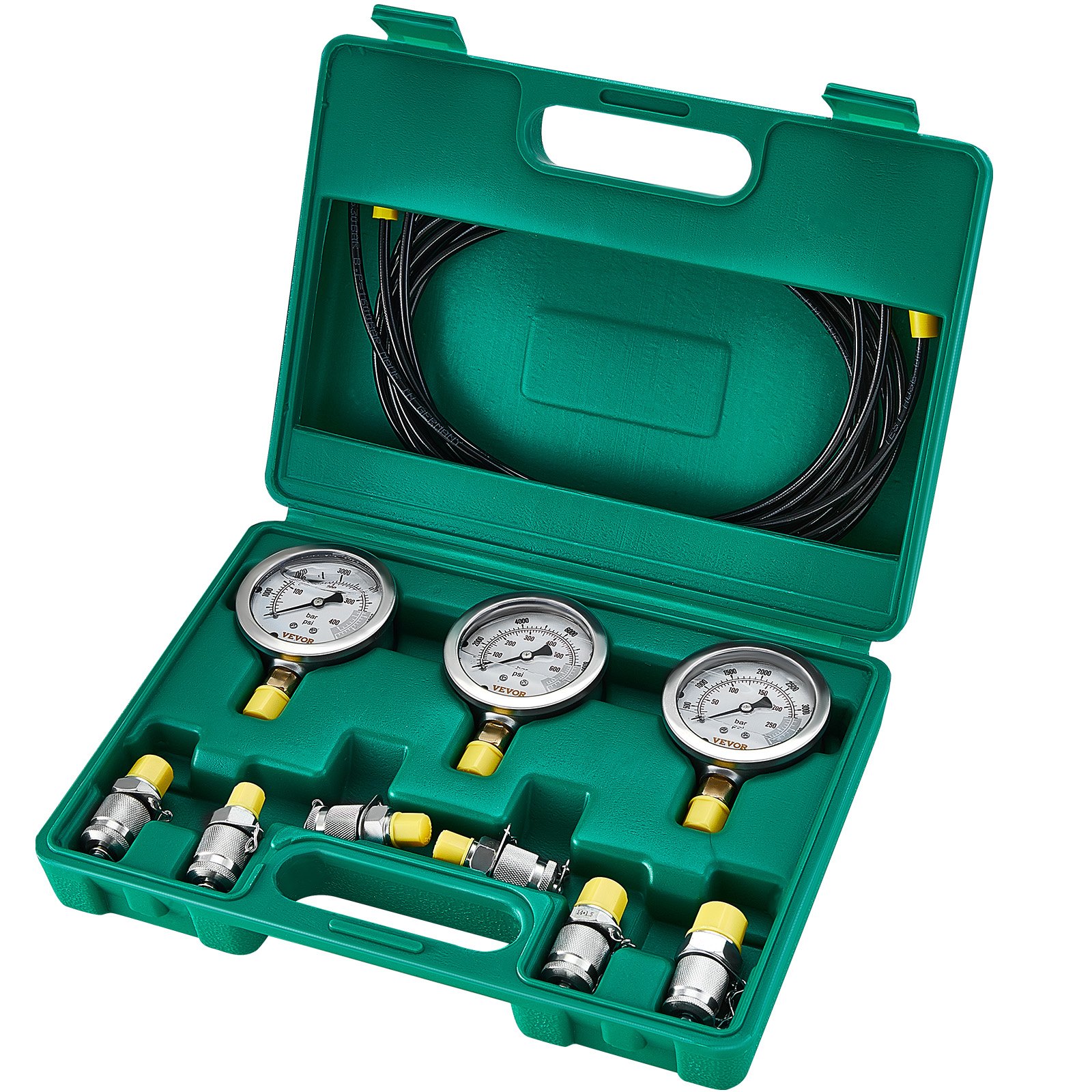 VEVOR Kit de prueba de presión hidráulica, 250/400/600 bar, 3 manómetros, 6 accesorios, 3 mangueras de prueba, medidor de prueba hidráulica para excavadora con estuche de transporte