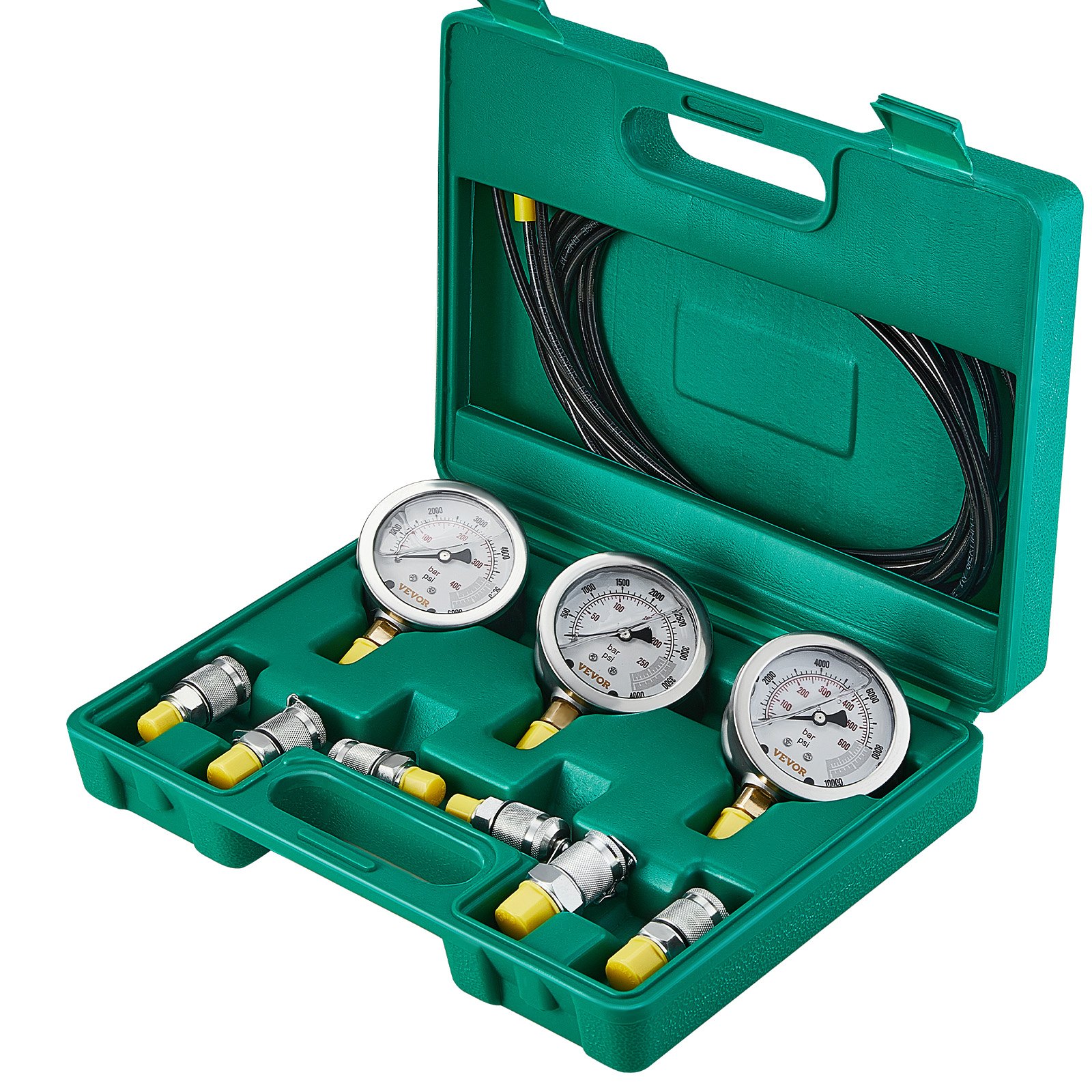 VEVOR Kit de prueba de presión hidráulica, 250/400/600 bar, 3 manómetros, 6 accesorios, 3 mangueras de prueba, medidor de prueba hidráulica para excavadora con estuche de transporte