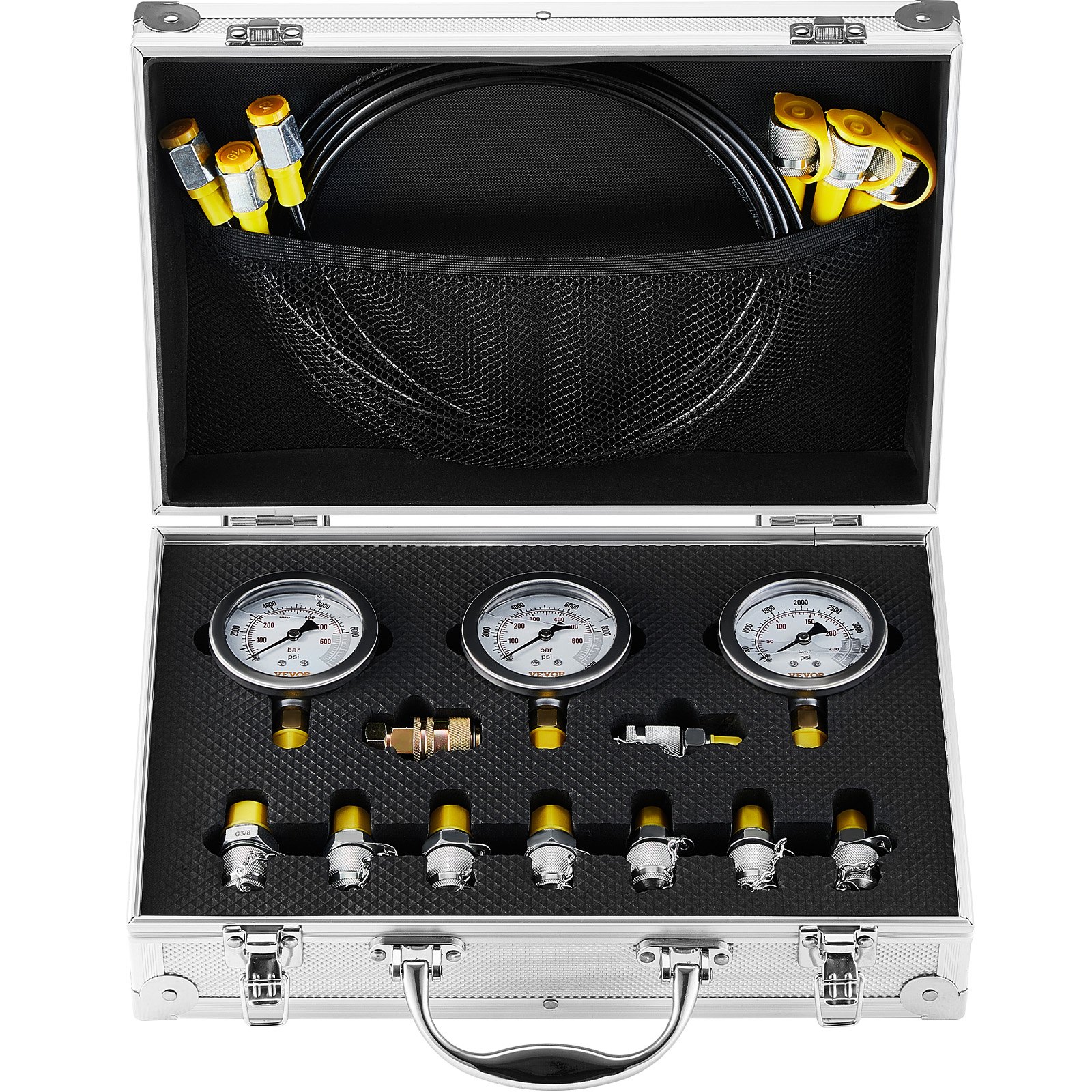 VEVOR Prueba de Presión Hidráulica 3 Manómetros 9 Accesorios 3 Mangueras Estuche