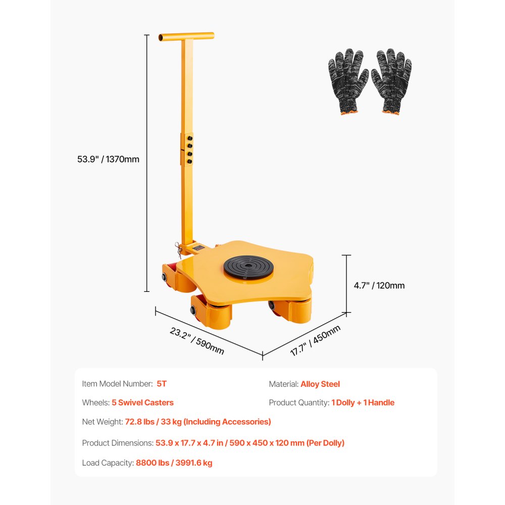 VEVOR Plataforma Rodante para Maquinaria con Manija, Carga de 3991,6 kg, Patín para Maquinaria con Tapa Giratoria de 360° y 5 Ruedas Giratorios, Equipo de Movimiento Industrial para Taller, Amarillo