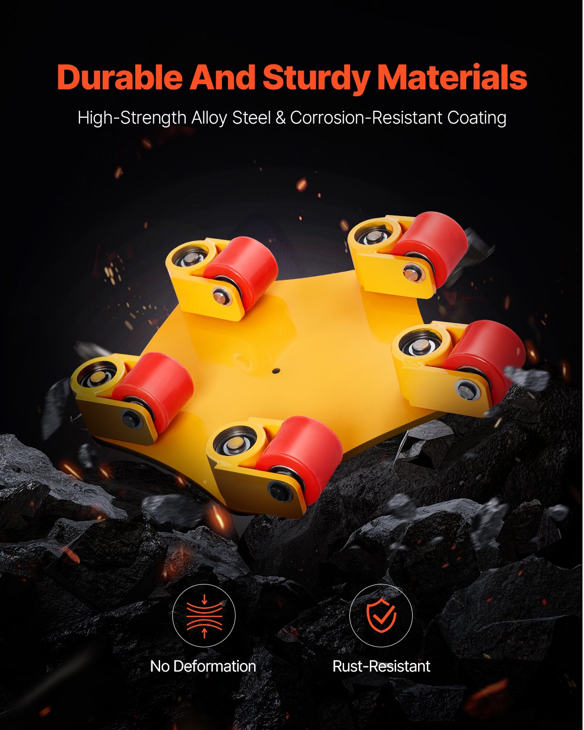 VEVOR Plataforma Rodante para Maquinaria con Manija, Carga de 3991,6 kg, Patín para Maquinaria con Tapa Giratoria de 360° y 5 Ruedas Giratorios, Equipo de Movimiento Industrial para Taller, Amarillo