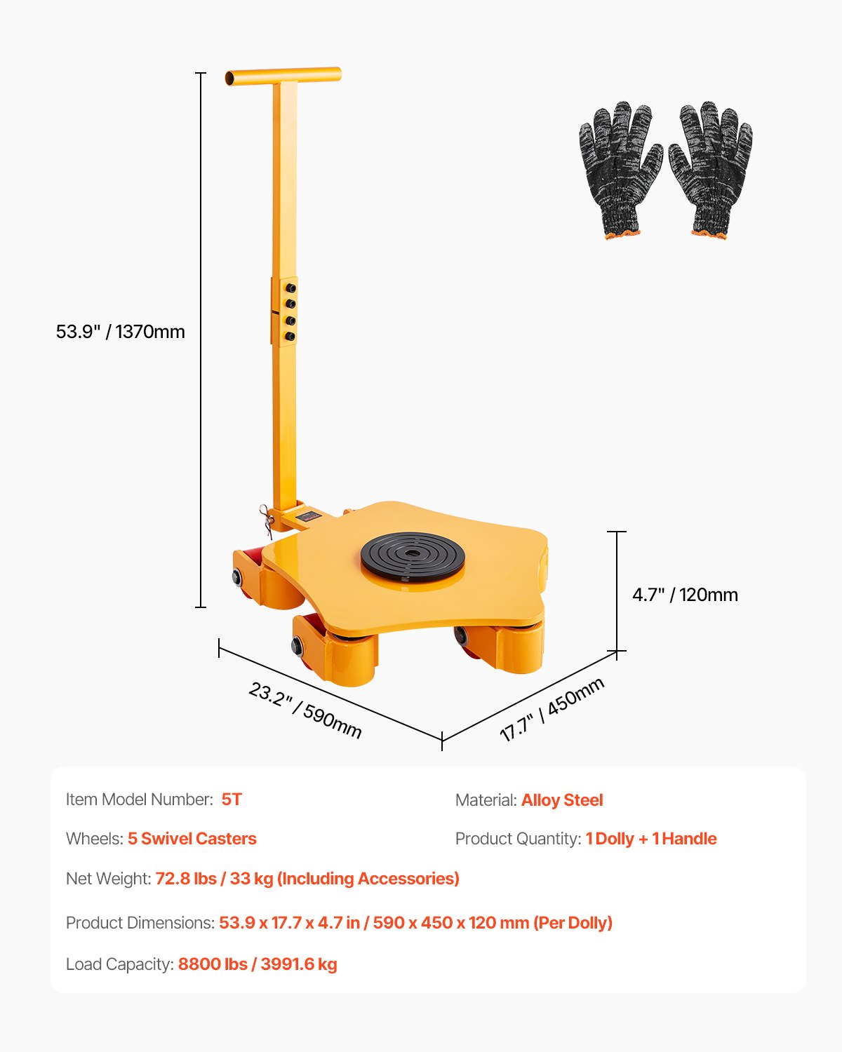 VEVOR Plataforma Rodante para Maquinaria con Manija, Carga de 3991,6 kg, Patín para Maquinaria con Tapa Giratoria de 360° y 5 Ruedas Giratorios, Equipo de Movimiento Industrial para Taller, Amarillo