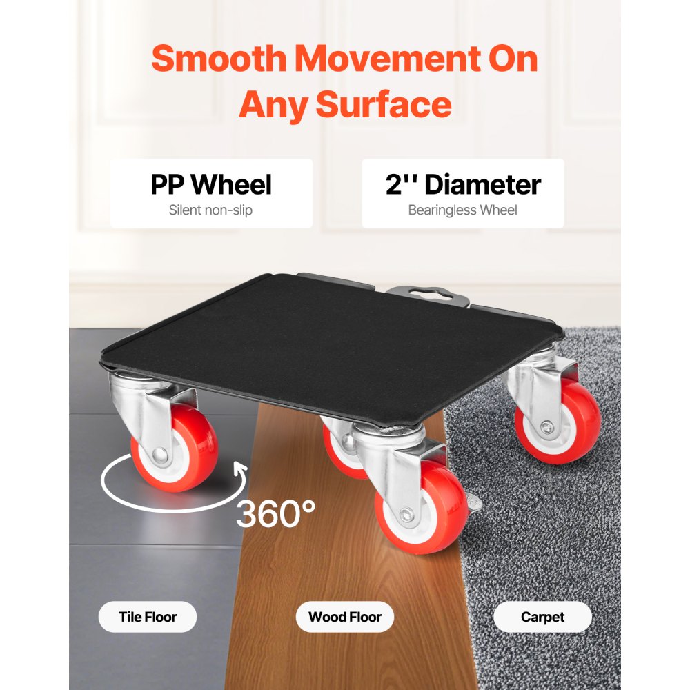 VEVOR 4 PCS Plataforma Rodante para Muebles 198 x 198 x 75 mm Carga de 1575 kg, Transportador de Muebles Resistente con 5 Ruedas Giratorias de 360° y Panel de Acero al Carbono para Mover Muebles