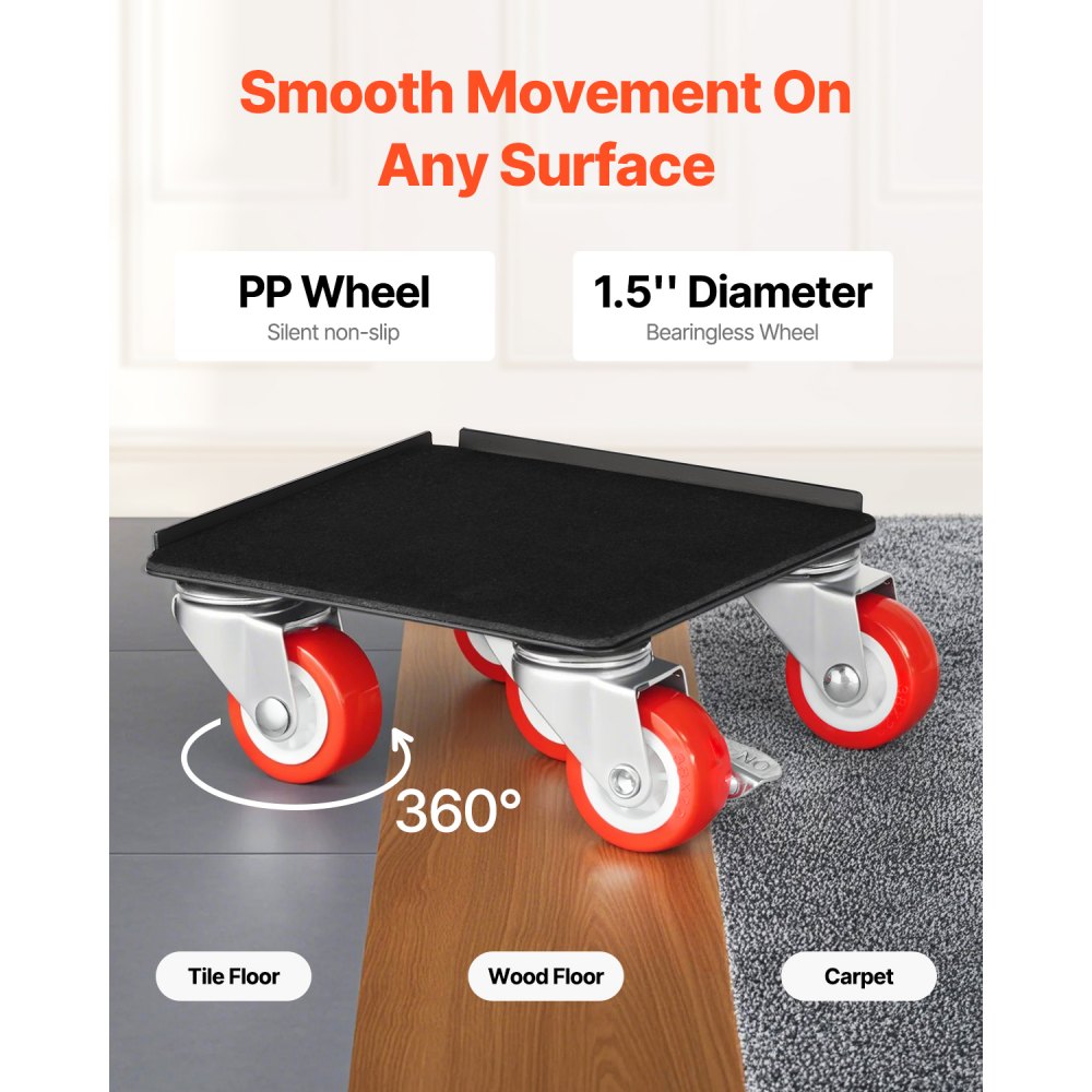 VEVOR 4 PCS Plataforma Rodante para Muebles 135 x 135 x 52 mm Carga de 544 kg, Transportador de Muebles Resistente con 5 Ruedas Giratorias de 360° y Panel de Acero al Carbono para Mover Muebles