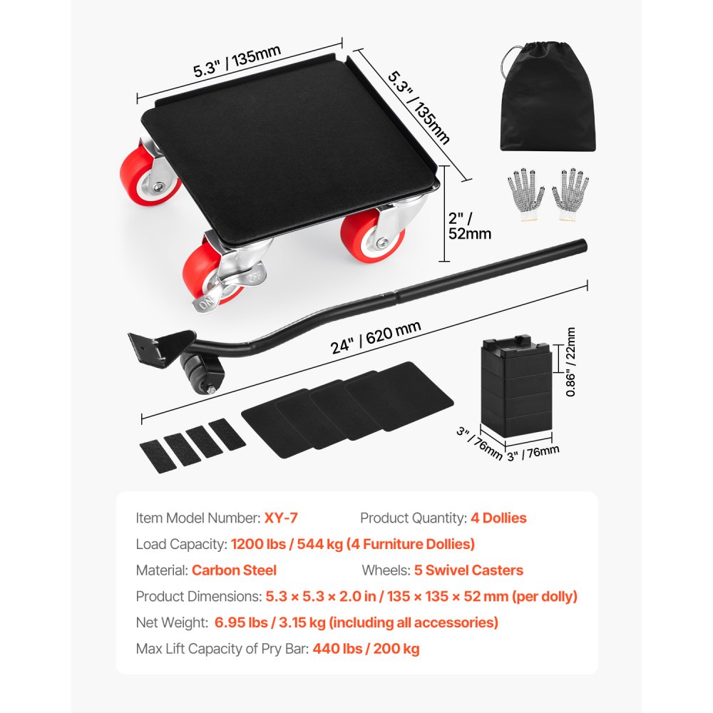 VEVOR 4 PCS Plataforma Rodante para Muebles 135 x 135 x 52 mm Carga de 544 kg, Transportador de Muebles Resistente con 5 Ruedas Giratorias de 360° y Panel de Acero al Carbono para Mover Muebles