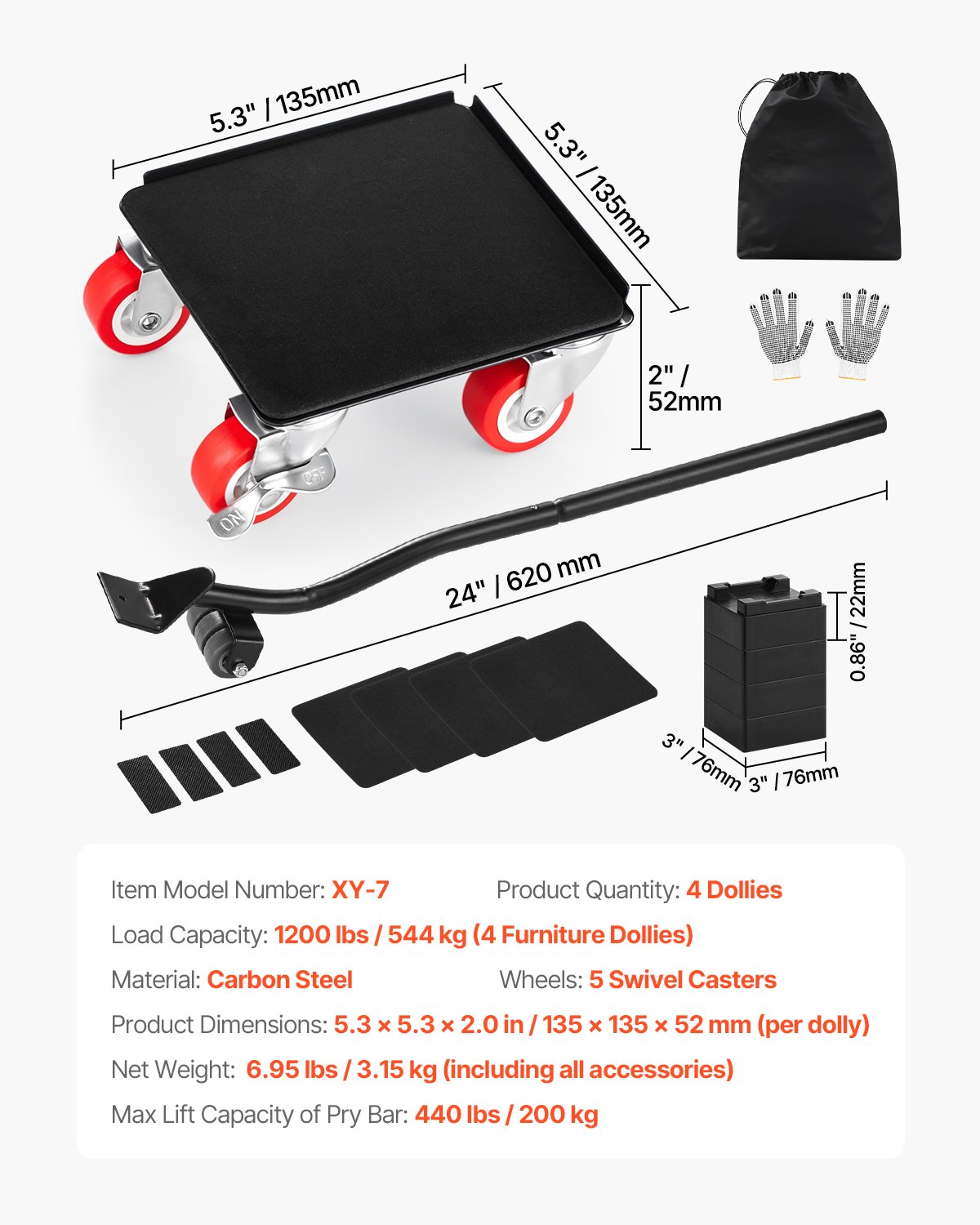 VEVOR 4 PCS Plataforma Rodante para Muebles 135 x 135 x 52 mm Carga de 544 kg, Transportador de Muebles Resistente con 5 Ruedas Giratorias de 360° y Panel de Acero al Carbono para Mover Muebles
