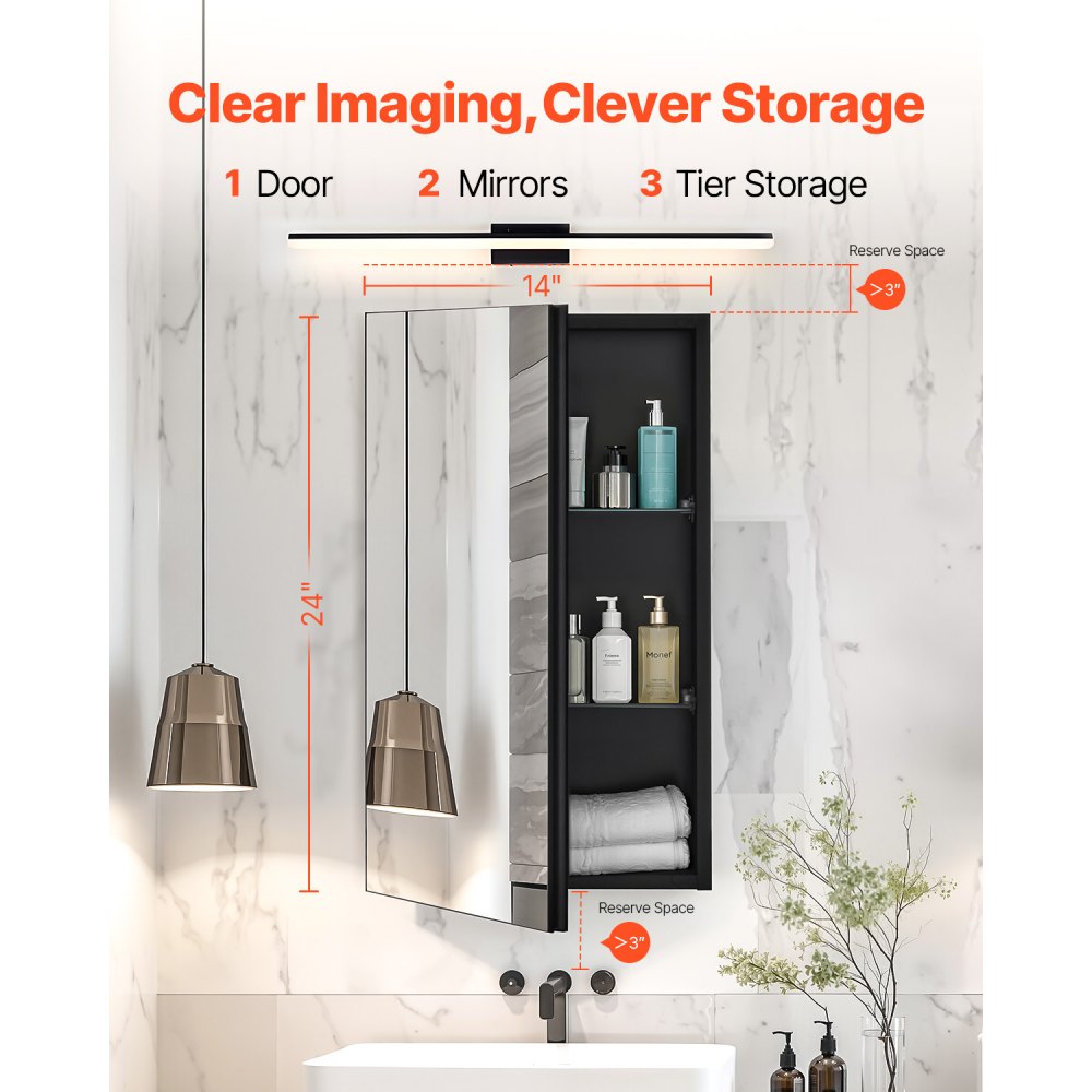 VEVOR Botiquín con Espejo para Baño con Puerta de Espejo y Estantes de Vidrio Ajustables, Instalación Empotrada y Montada en Pared, Aluminio, Organizador de Almacenamiento, 355 x 135 x 610 mm