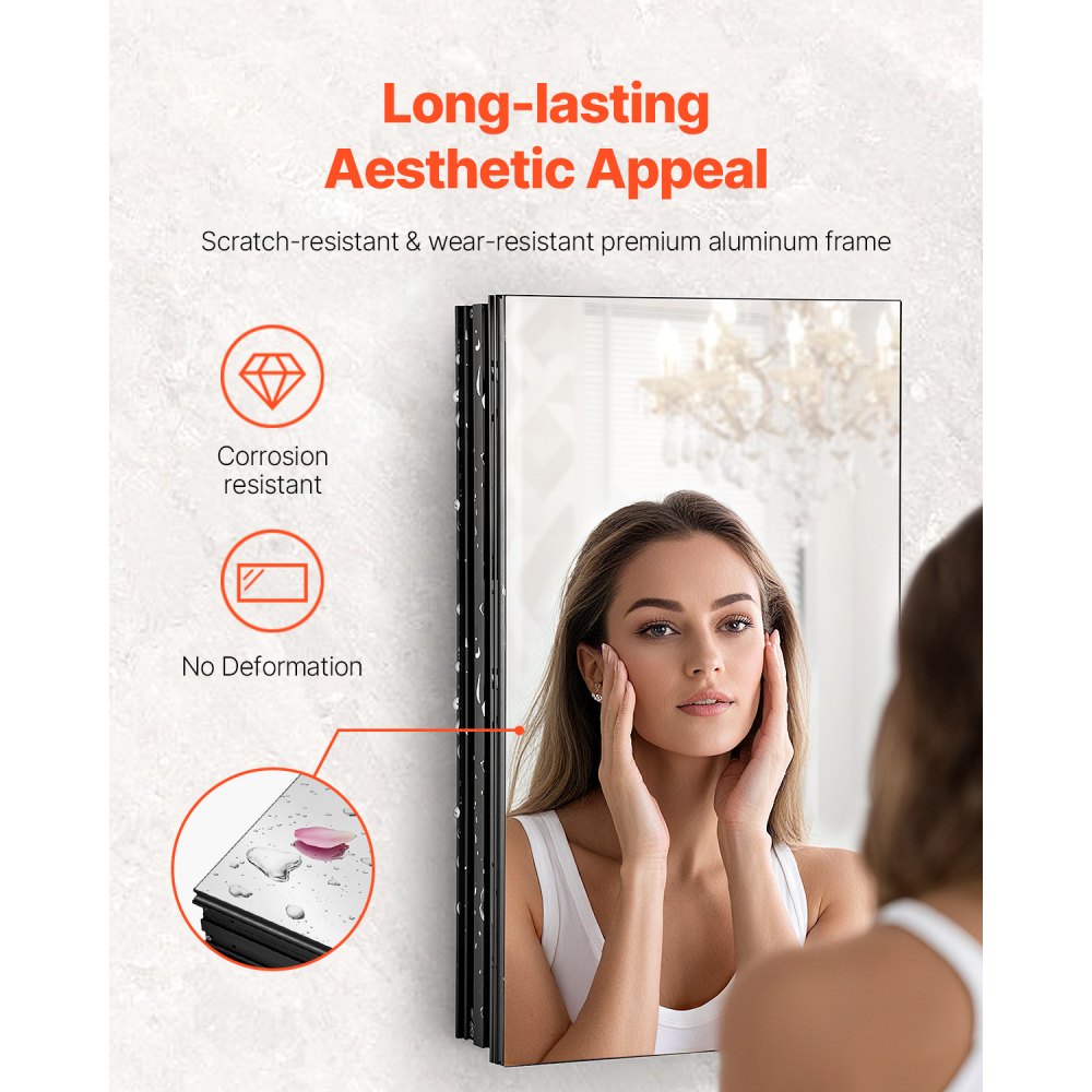 VEVOR Botiquín con Espejo para Baño con Puerta de Espejo y Estantes de Vidrio Ajustables, Instalación Empotrada y Montada en Pared, Aluminio, Organizador de Almacenamiento, 355 x 135 x 610 mm