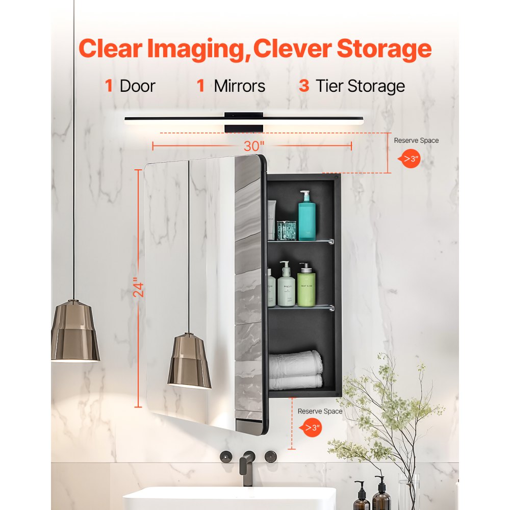 VEVOR Botiquín con Espejo para Baño con Puerta de Espejo y Estantes de Vidrio Ajustables, Instalación Empotrada y Montada en la Pared, Aluminio, Organizador de Almacenamiento, 610 x 126 x 762 mm