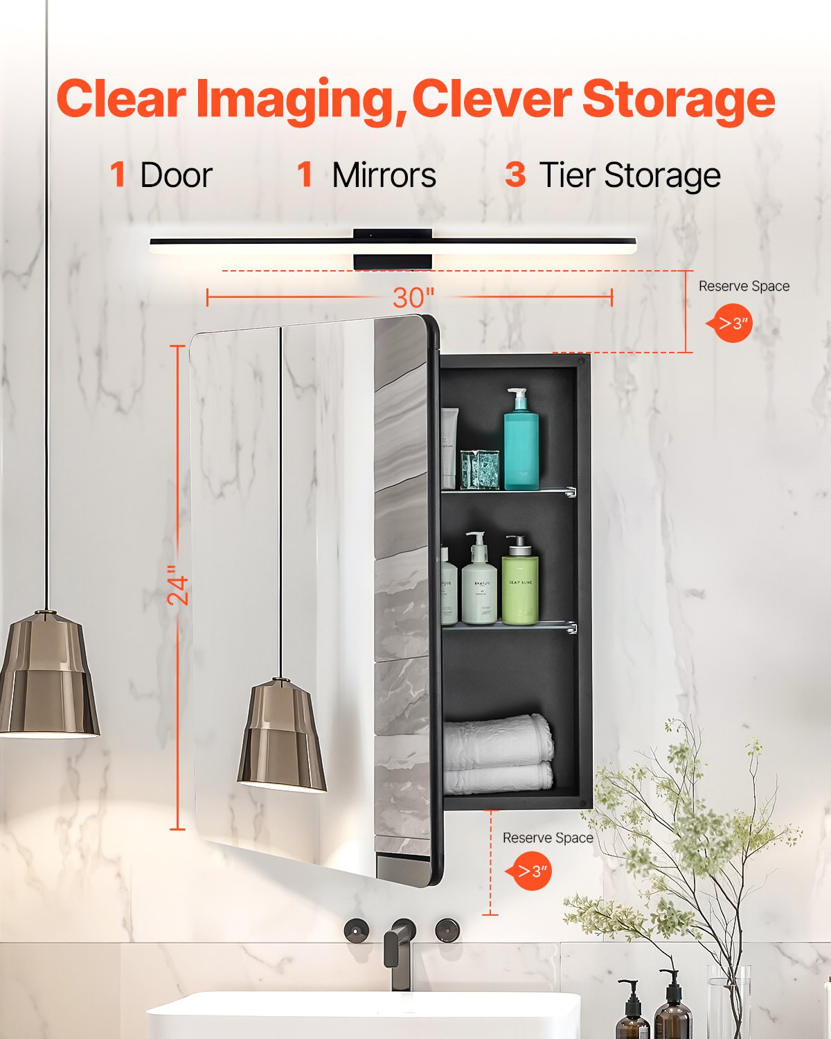 VEVOR Botiquín con Espejo para Baño con Puerta de Espejo y Estantes de Vidrio Ajustables, Instalación Empotrada y Montada en la Pared, Aluminio, Organizador de Almacenamiento, 610 x 126 x 762 mm