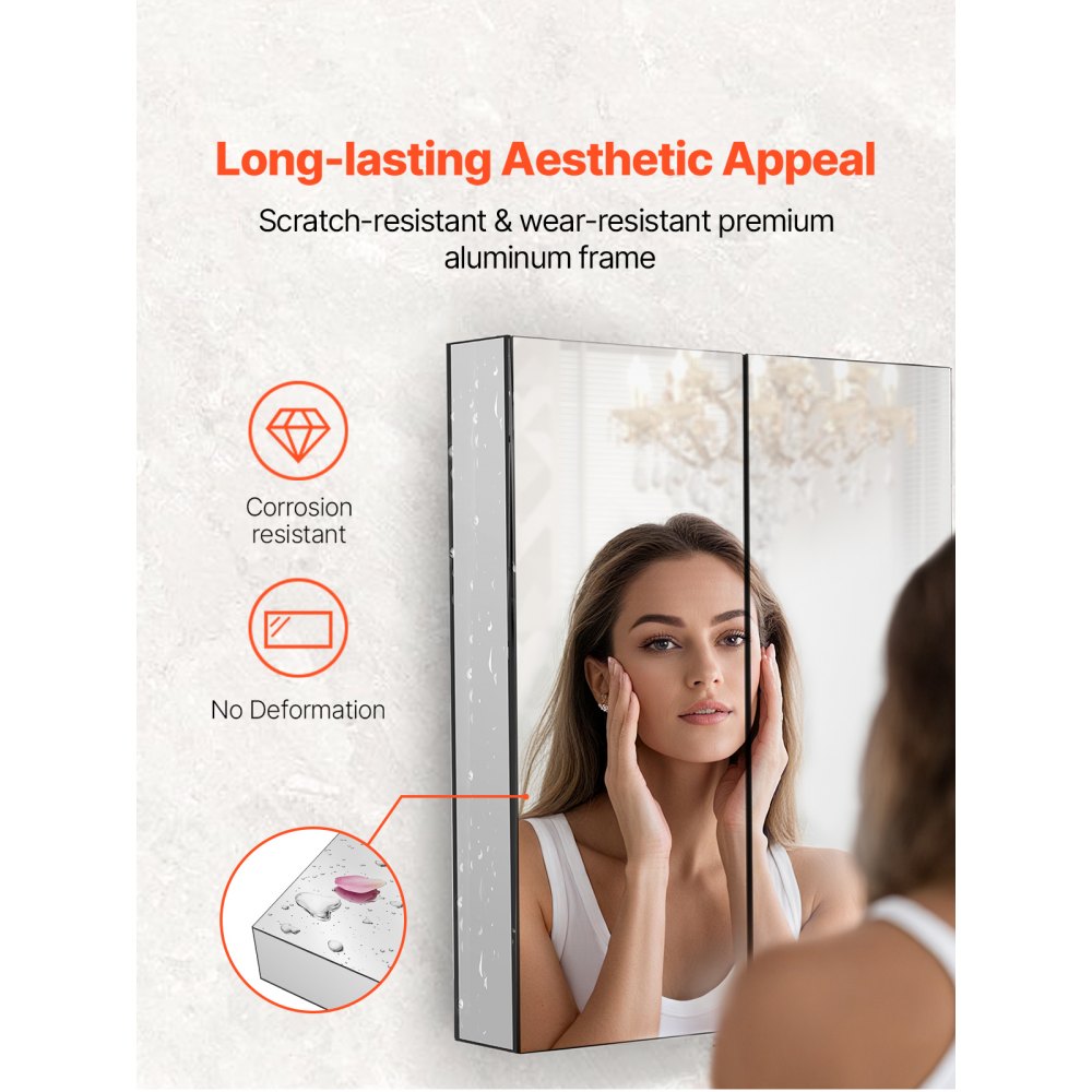 VEVOR Botiquín con Espejo para Baño, 2 Puertas con Espejo y Estantes de Vidrio Ajustables, Instalación Empotrada y Montada en Pared, Aluminio, Organizador de Almacenamiento, 662 x 135 x 762 mm