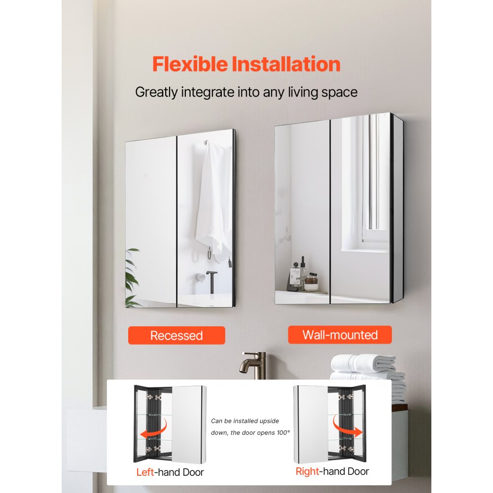 VEVOR Botiquín con Espejo para Baño, 2 Puertas con Espejo y Estantes de Vidrio Ajustables, Instalación Empotrada y Montada en Pared, Aluminio, Organizador de Almacenamiento, 662 x 135 x 762 mm