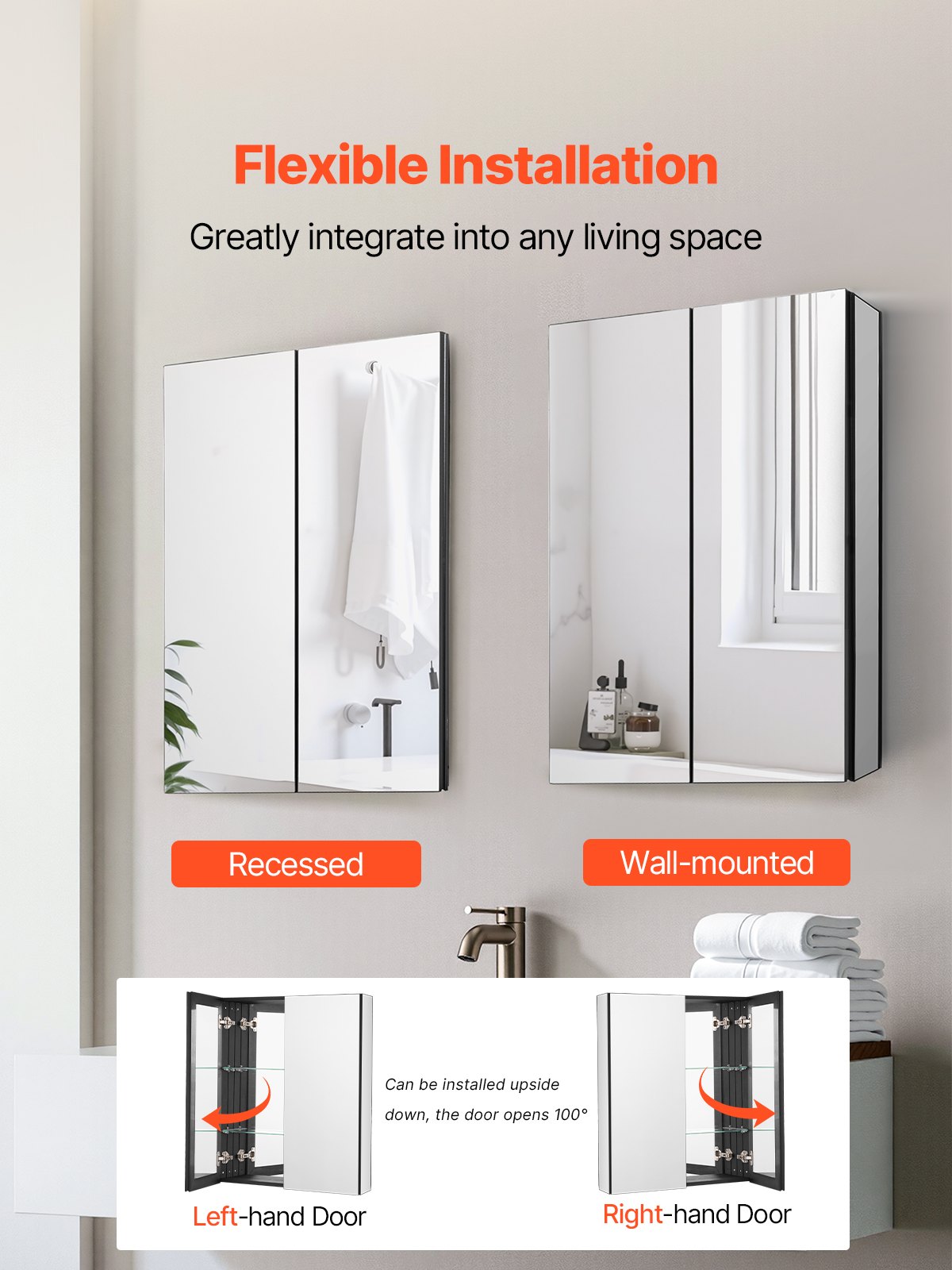 VEVOR Botiquín con Espejo para Baño, 2 Puertas con Espejo y Estantes de Vidrio Ajustables, Instalación Empotrada y Montada en Pared, Aluminio, Organizador de Almacenamiento, 662 x 135 x 762 mm