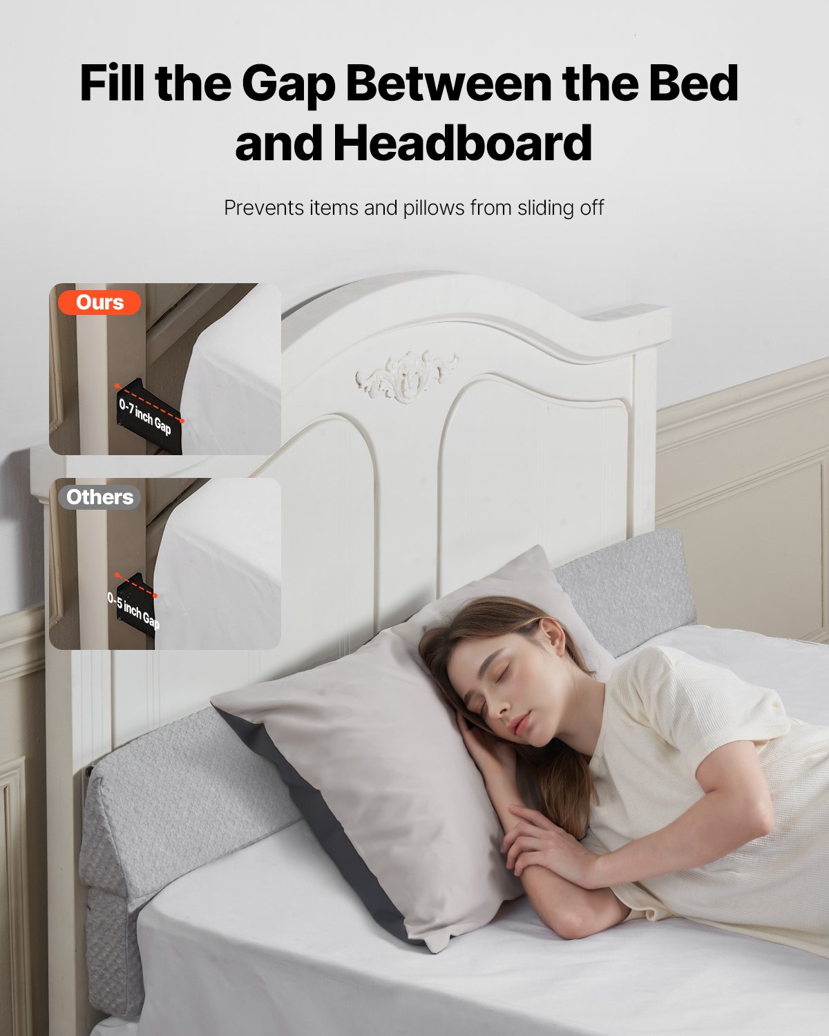 VEVOR Almohada de Cuña para Cabecera, Tamaño Queen, 152 x 15 x 15 cm, Relleno de Espuma para Huecos de Cama de 0 a 18 cm, Versátil y Reversible, con Base Antideslizante, Respaldo, Gris, 2 uds