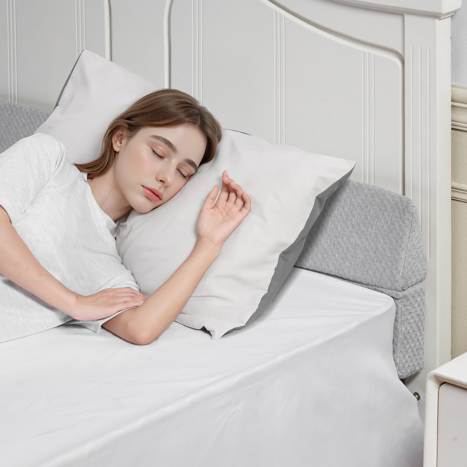 VEVOR Almohada de Cuña para Cabecera, Tamaño Queen, 152 x 15 x 15 cm, Relleno de Espuma para Huecos de Cama de 0 a 18 cm, Versátil y Reversible, con Base Antideslizante, Respaldo, Gris, 2 uds