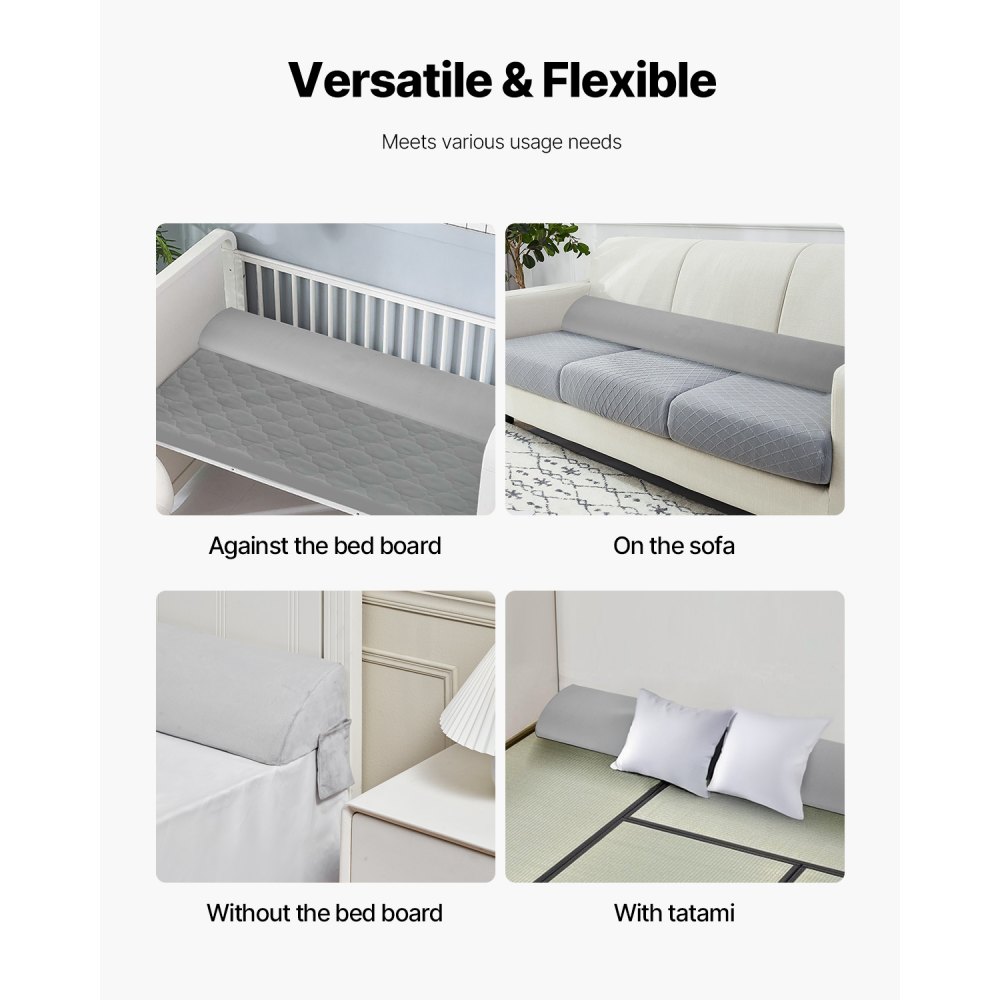 VEVOR Bed Wedge Pillow for Headboard, 1930 x 255 x 152 mm Bed Gap Filler, Fill 0-178mm Gap Between Headboard and Mattress, Soft Plush Mattress Wedge Headboard Pillow with Side Pocket, for Backrest Gray