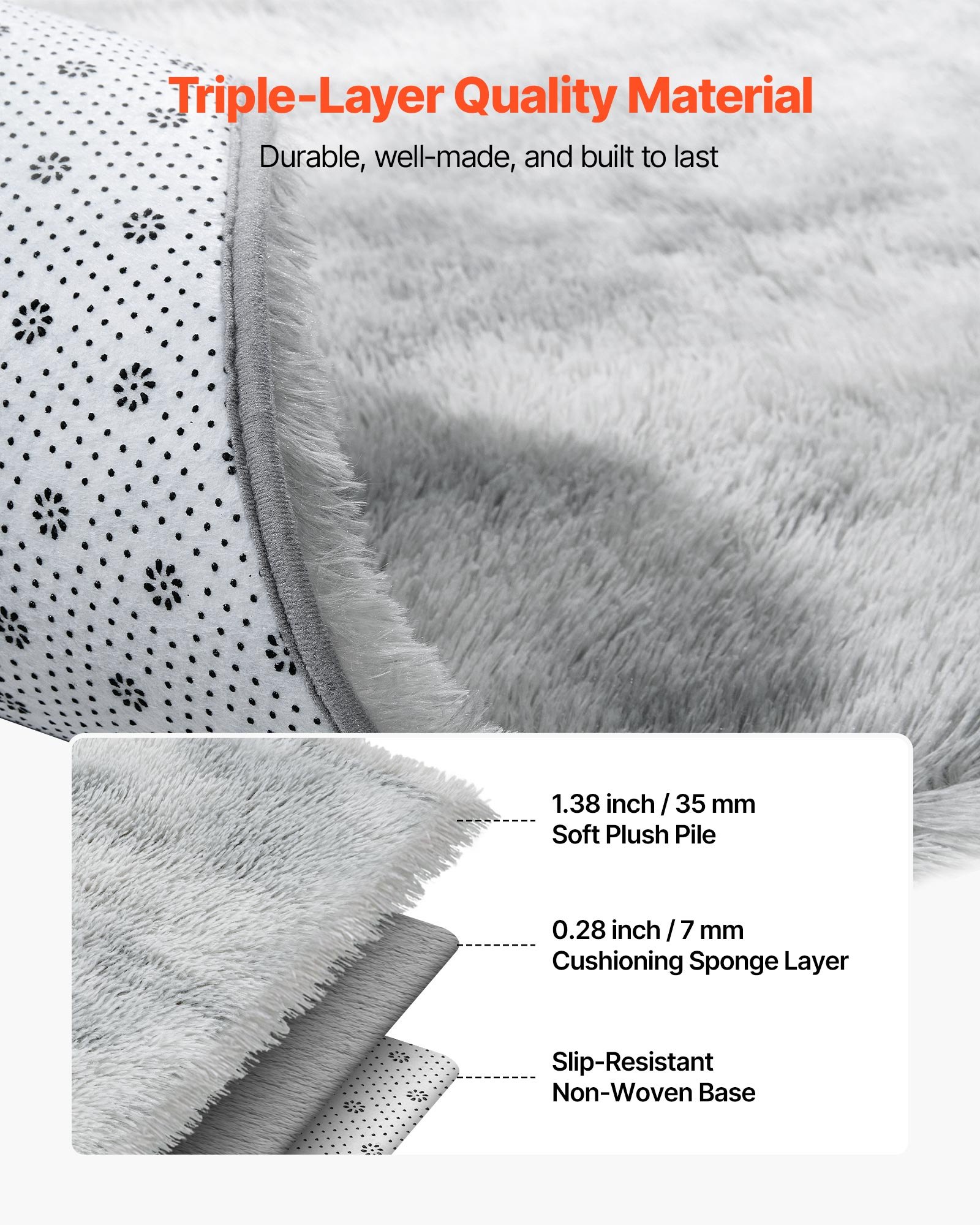 VEVOR Alfombra de Pelo Largo, Mullida y de Triple Capa, Forma Rectángulo, Ideal para Salón, Dormitorio e Invernadero, Suave y sin Pelusa, Antideslizante, Mezcla de Grises, 2743 x 1829 x 42 mm