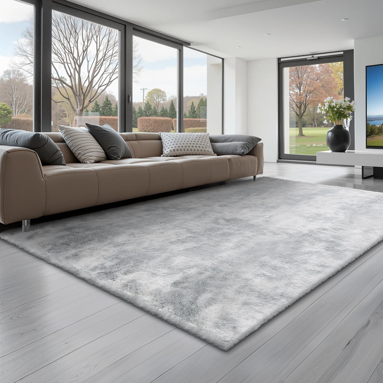 VEVOR Alfombra de Pelo Largo, Mullida y de Triple Capa, Forma Rectángulo, Ideal para Salón, Dormitorio e Invernadero, Suave y sin Pelusa, Antideslizante, Mezcla de Grises, 2743 x 1829 x 42 mm