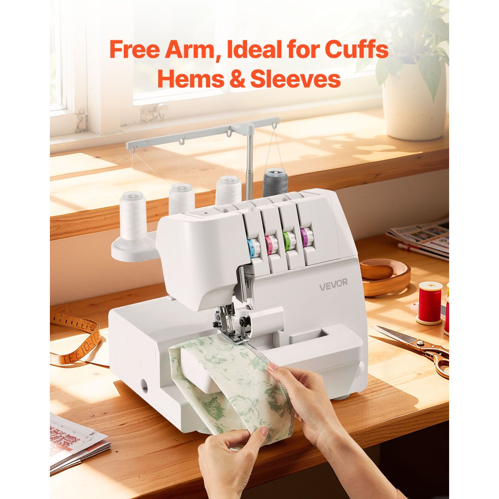 VEVOR Máquina de Coser Overlock, 1250 Puntadas por Minuto, Capacidad para 2-3-4 Hilos, Alimentación Diferencial Ajustable, con Brazo Libre e Iluminación LED, Color Blanco, 320 x 280 x 320 mm