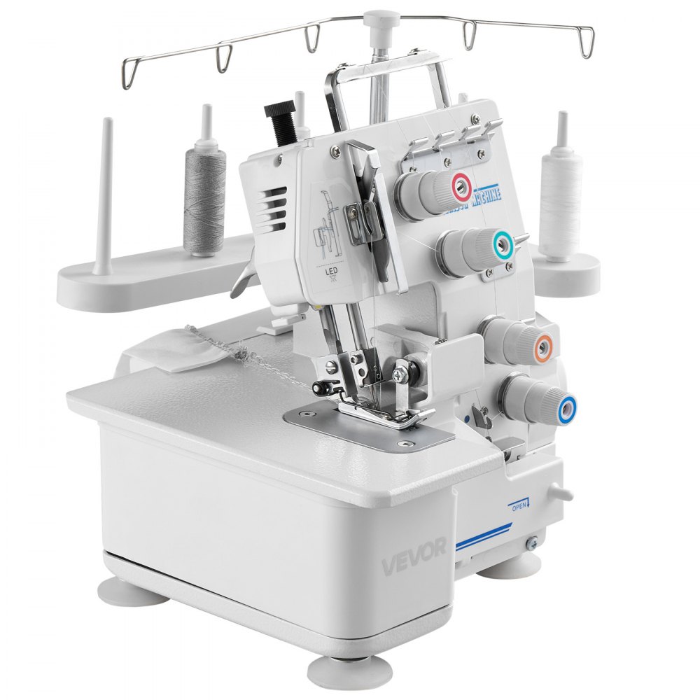 VEVOR Máquina de Coser Overlock, 1250 Puntadas por Minuto, Compatible con 3 y 4 Hilos, con Luz LED y Pies de Succión Fuertes, con Marco de Metal para Varios Tejidos, Blanco, 260 x 270 x 270 mm