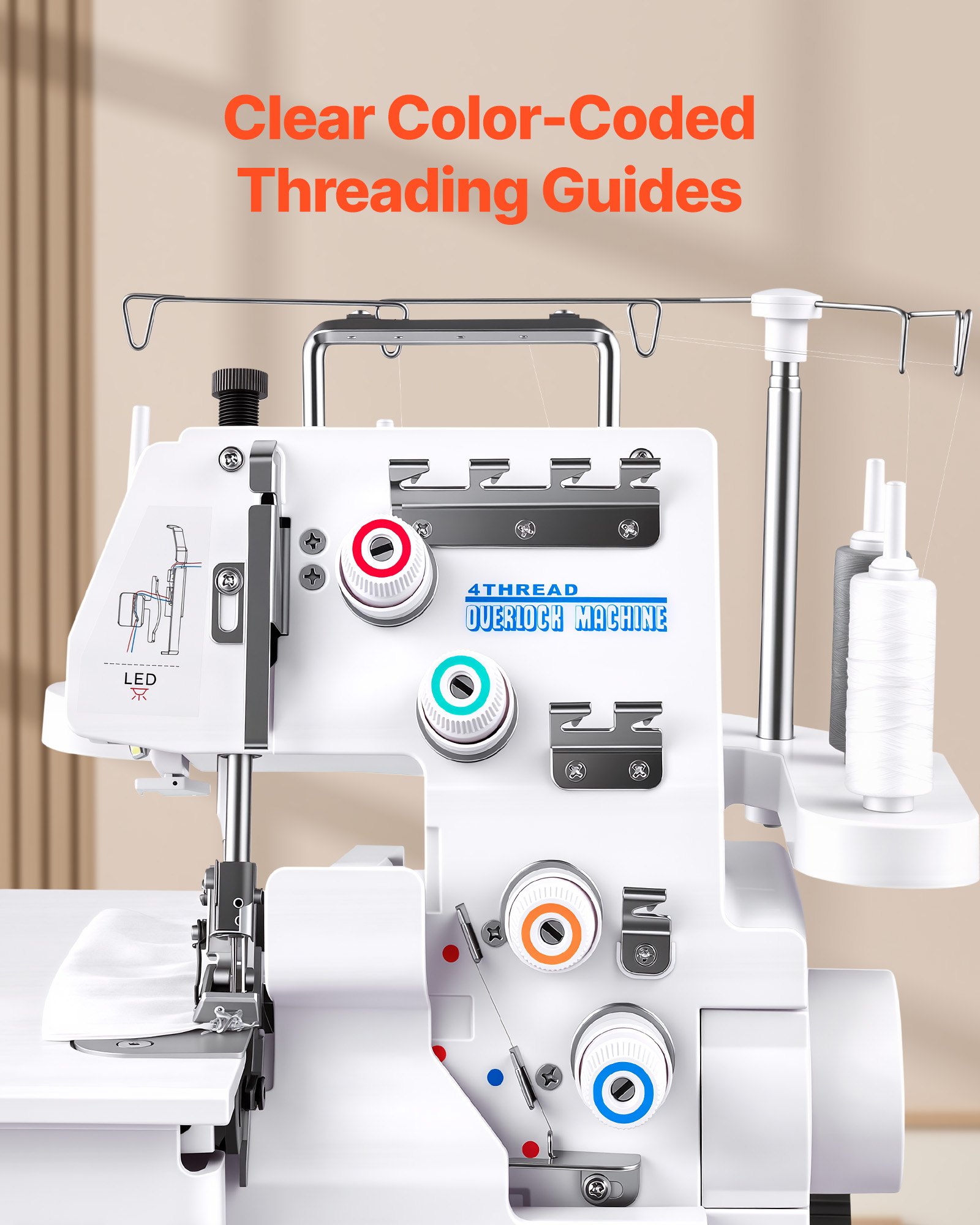 VEVOR Máquina de Coser Overlock, 1250 Puntadas por Minuto, Compatible con 3 y 4 Hilos, con Luz LED y Pies de Succión Fuertes, con Marco de Metal para Varios Tejidos, Blanco, 260 x 270 x 270 mm