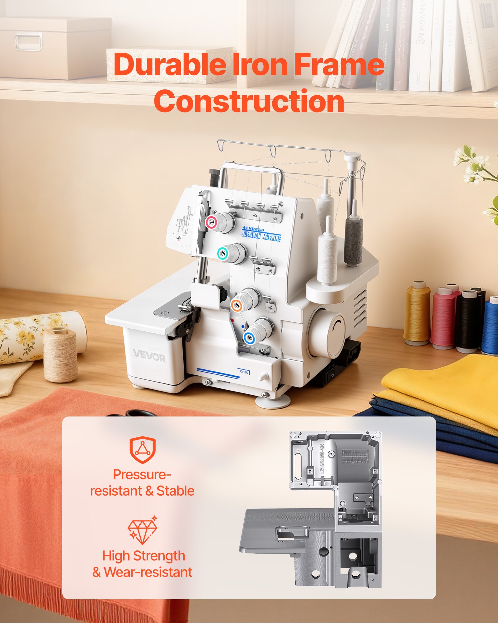 VEVOR Máquina de Coser Overlock, 1250 Puntadas por Minuto, Compatible con 3 y 4 Hilos, con Luz LED y Pies de Succión Fuertes, con Marco de Metal para Varios Tejidos, Blanco, 260 x 270 x 270 mm