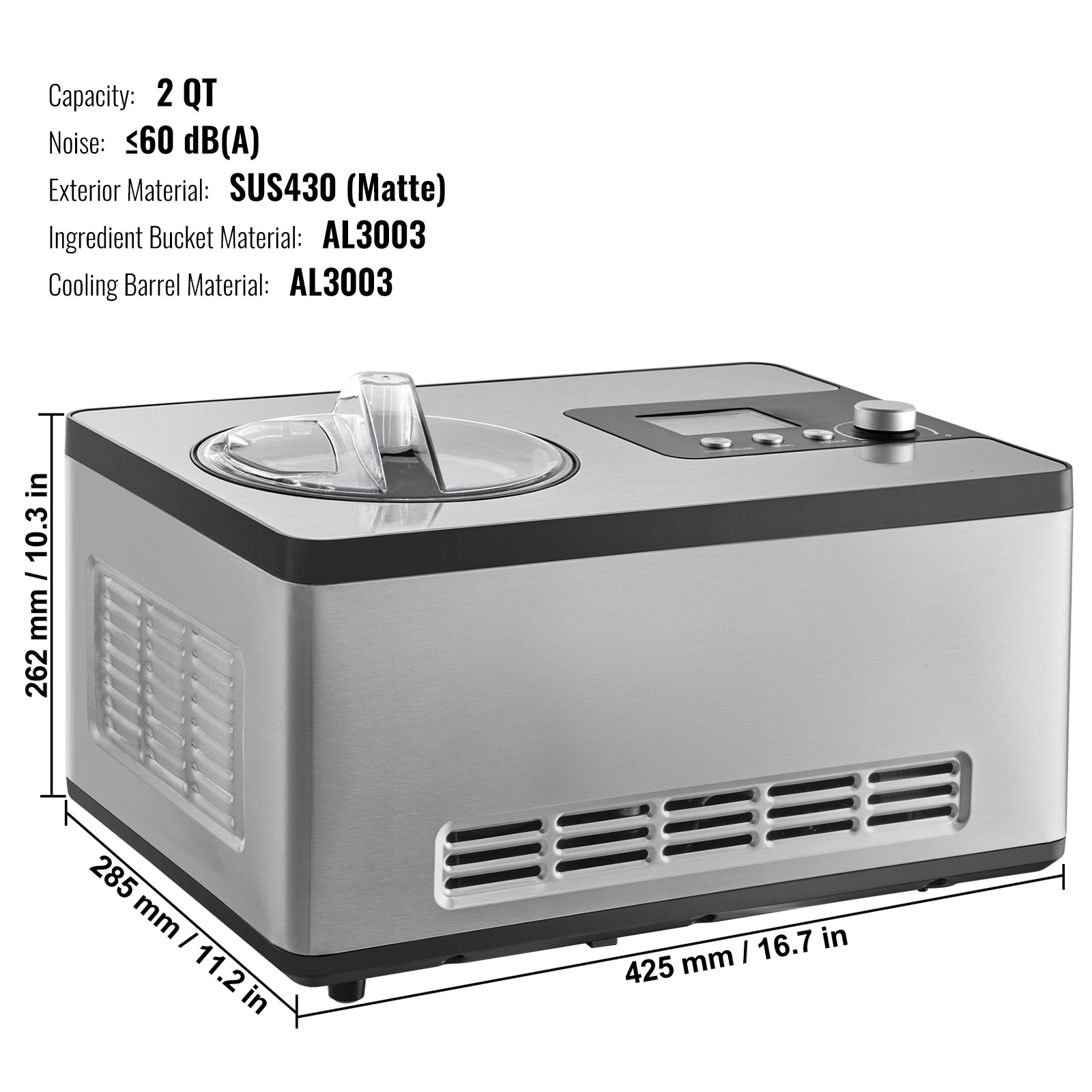 VEVOR Compressor Ice Cream Maker, 2L, 180W, Frozen Yogurt Maker, 3 Modes, Portable Ice Cream Maker for Sorbet, Gelato, Low Noise, Silver, Electric